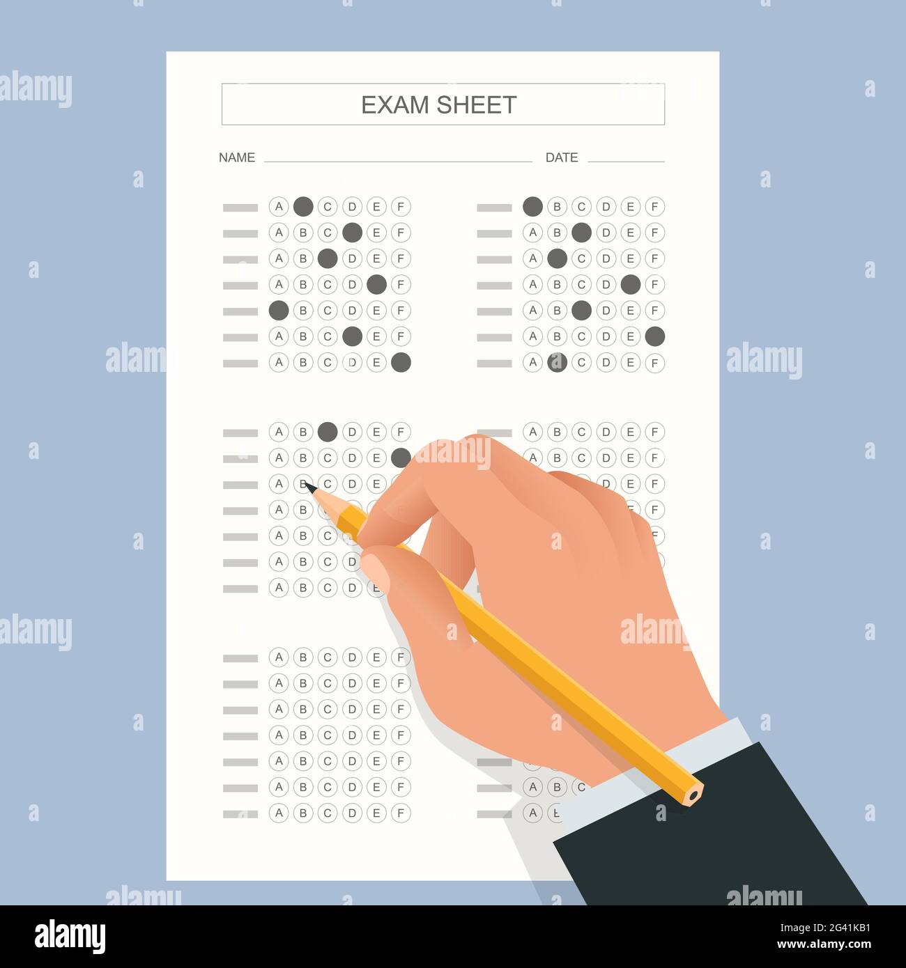 The student filling out answers to exam test answer sheet with a pencil. School and Education. Test score sheet with answers Stock Vector