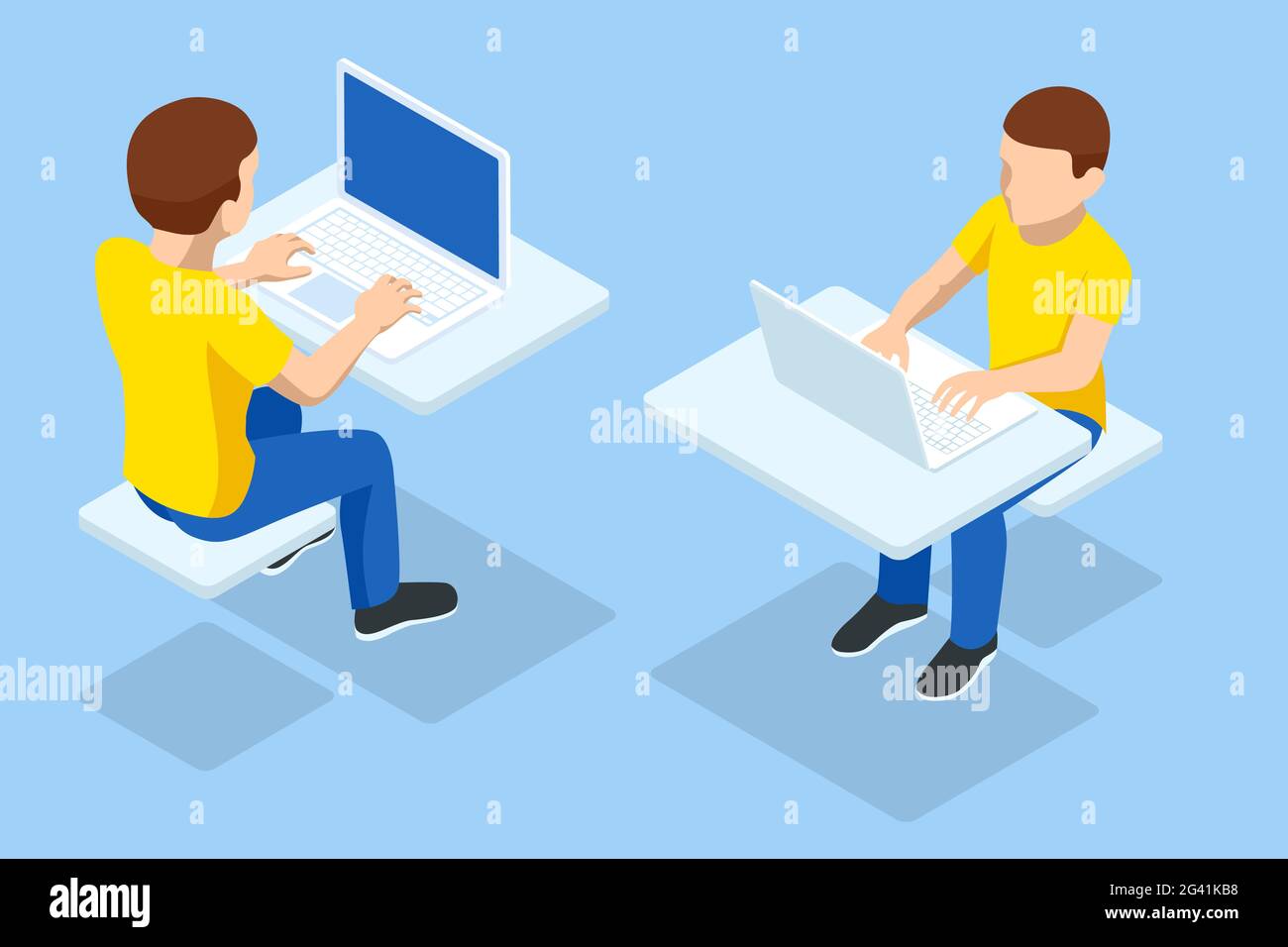 Isometric boy at the computer front and back view isolated on white ...
