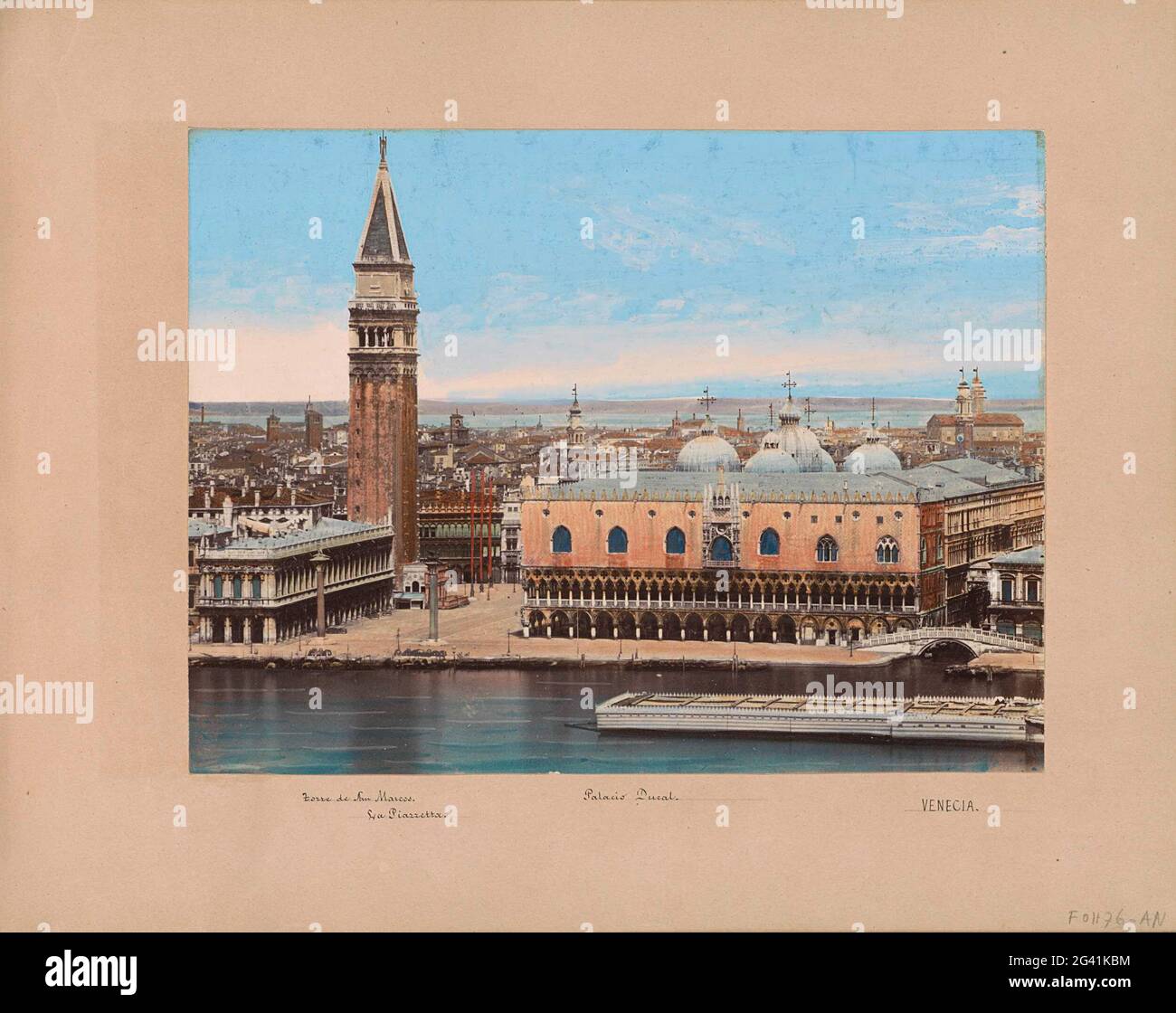 View of the Doge Palace, the Campanile and surrounding buildings in Venice; Torre de San Marco, La Piazetta, Palacio Ducal, Venecia. Part of travel album with photos and drawings by Manuel Mayo 1876. Stock Photo