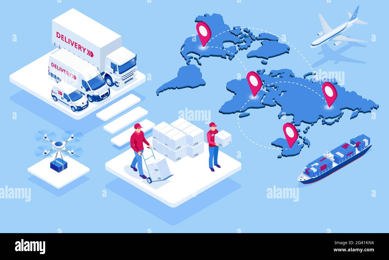 Global logistics network isometric illustration Icons set of air cargo ...
