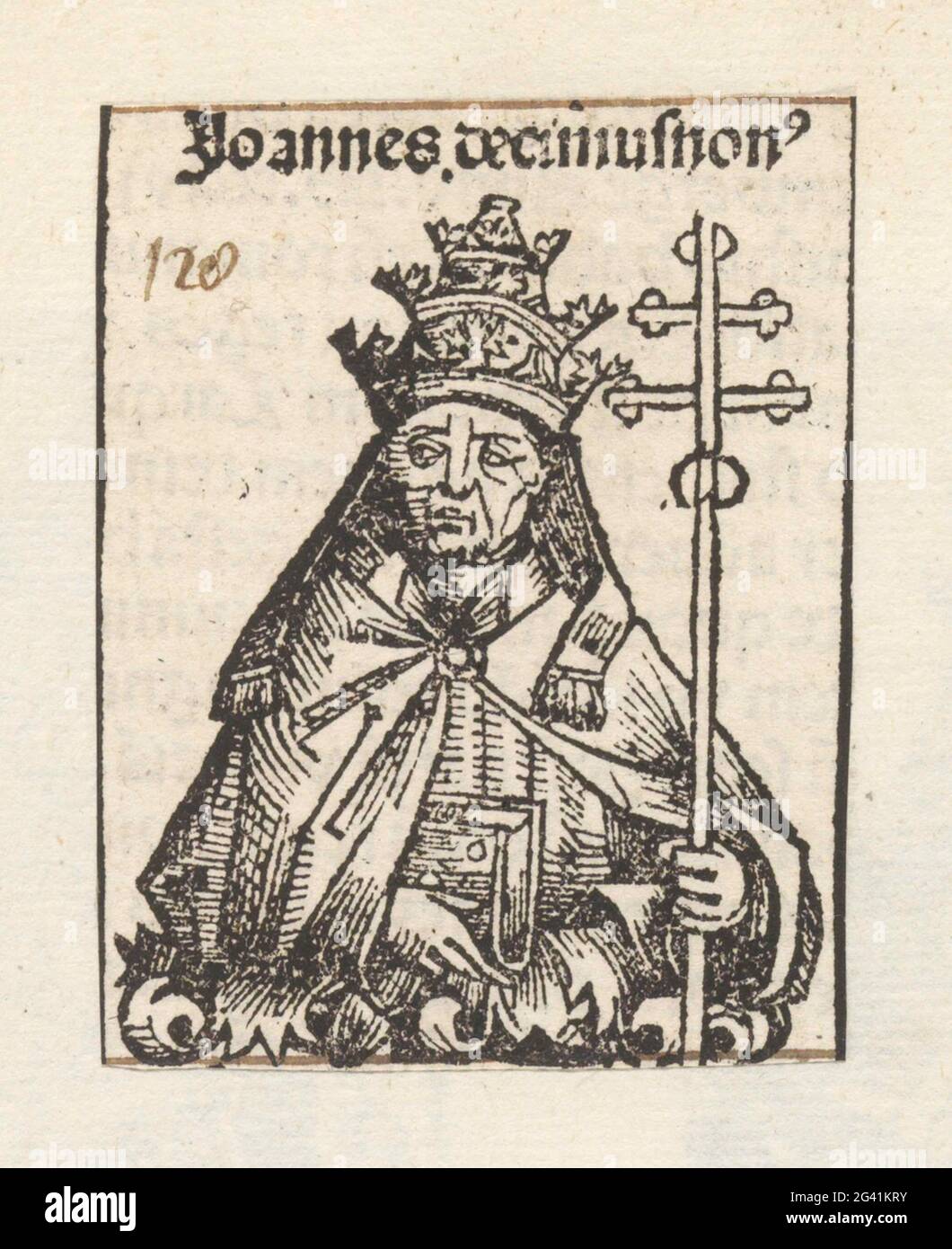 Pope John XVIII or XIX; Joannes Decimussnon [US]; Liber chronicarum. A flower celk with a pope. He is wearing a Tiara and has a Bible and a staff with a double cross in his hands. The show is part of the sequence pops in the Liber Chronicarum. The text identifies the man as Johannes XIX, but according to the series John XVIII is meant. The print is part of an album. Stock Photo