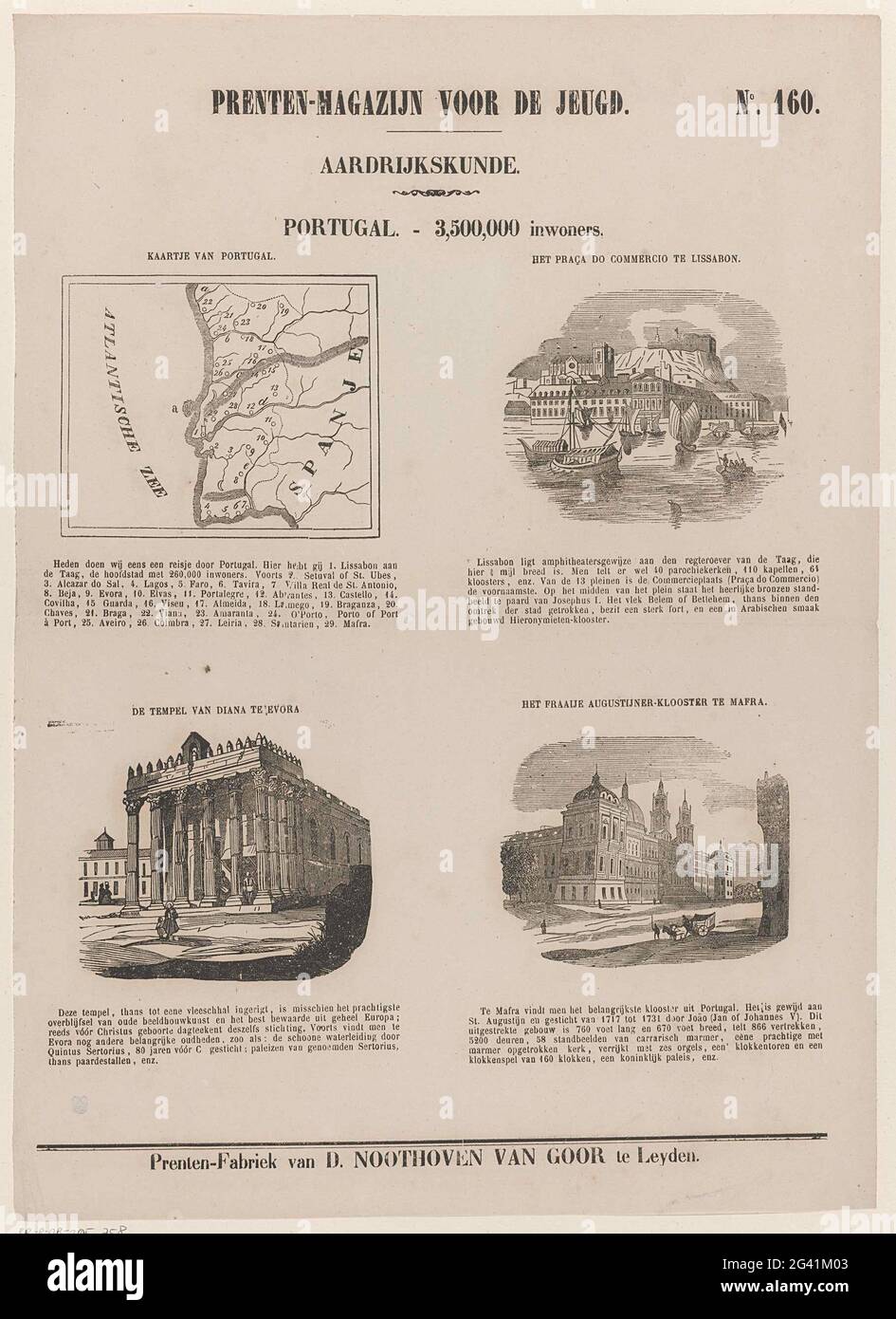 Portugal. - 3,500,000 inhabitants; Print warehouse for the youth; Geography. Sheet with 4 shows about Portugal with a map and important buildings: the Praça do Comércio in Lisbon, the Roman temple in Évora and the Palace of Mafra. Above every show a title and under every performance a caption. Numbered at the top right: No. 160. Stock Photo