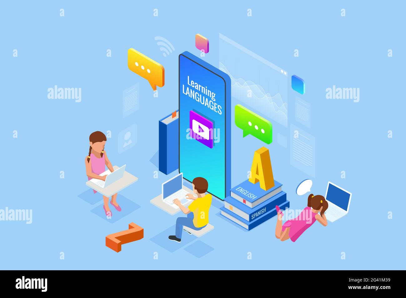 E-learning, Online Education at Home. Isometric concept for Digital ...