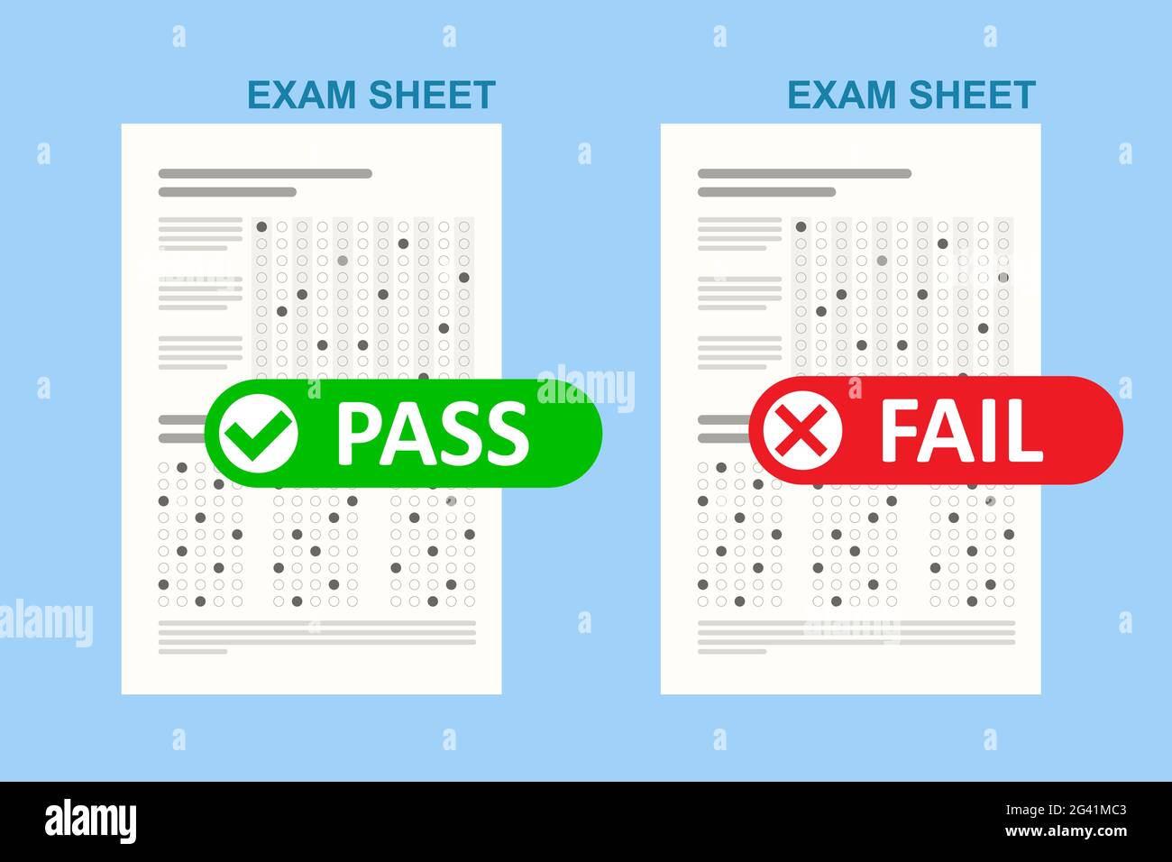 Exam test pass or fail. School and Education. Test score sheet with ...
