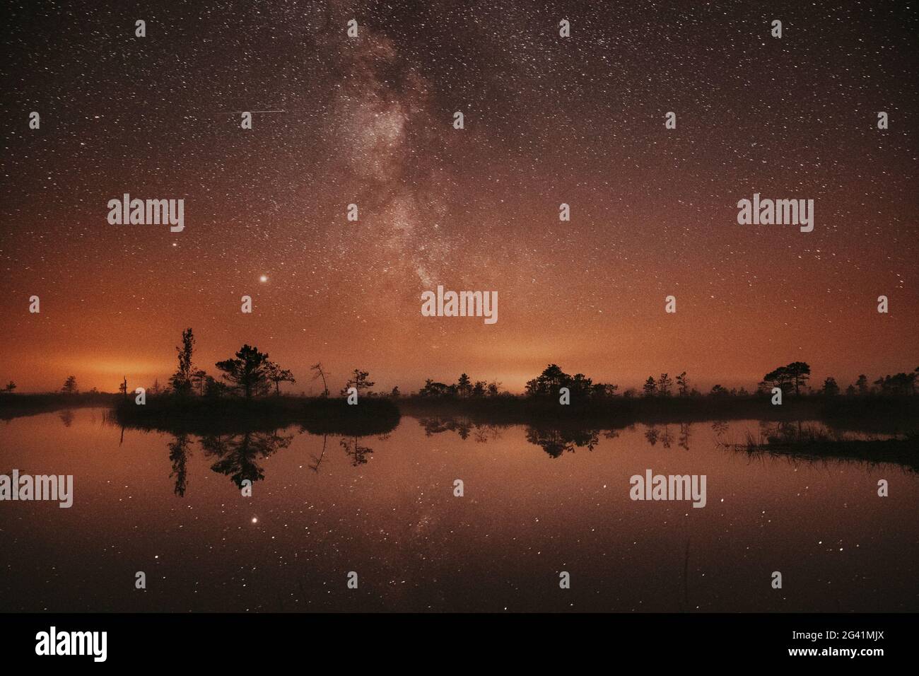 Swamp Bog Marsh Wetland Lake Nature Night Landscape. Night Starry Sky Milky Way Galaxy With Glowing Stars And Moon. Nature Night Sky Reflection In Stock Photo