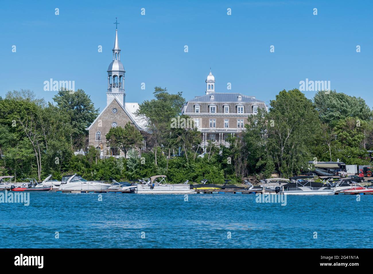Boucherville waterfront and Sainte-Famille Church, in Quebec, Canada Stock Photo