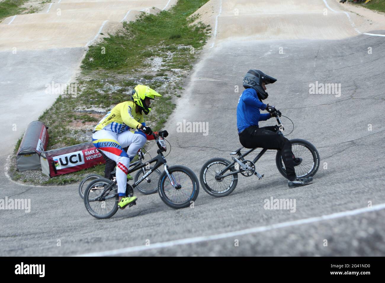 Giacomo GARGAGLIA of Italy (blue) is about to fall in the UCI BMX  Supercross World Cup Round 1 at the BMX Olympic Arena on May 8th 2021 in  Verona, Ita Stock Photo - Alamy