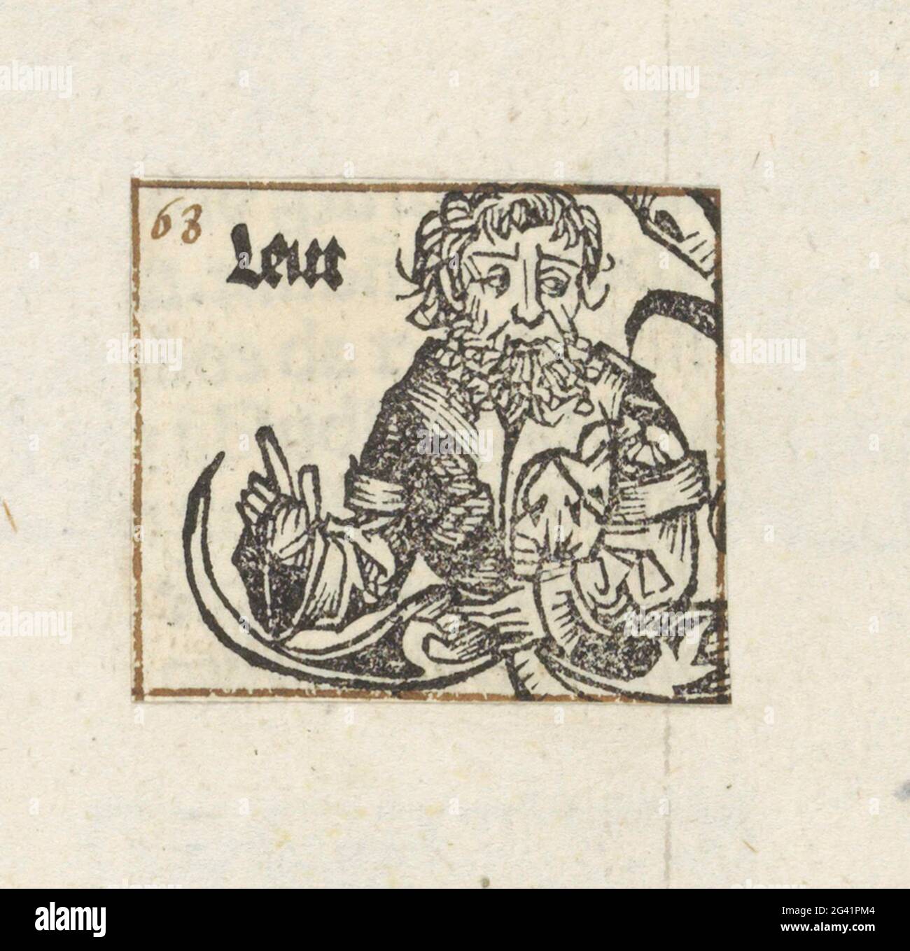 Levi; Leui; Liber chronicarum. A flower celk with a man, looking to the right and with finger charged. The text identifies him as Levi, the third son of Jacob and Lea. The show is a fragment of the family tree of Christ in the Liber Chronicarum. The print is part of an album. Stock Photo