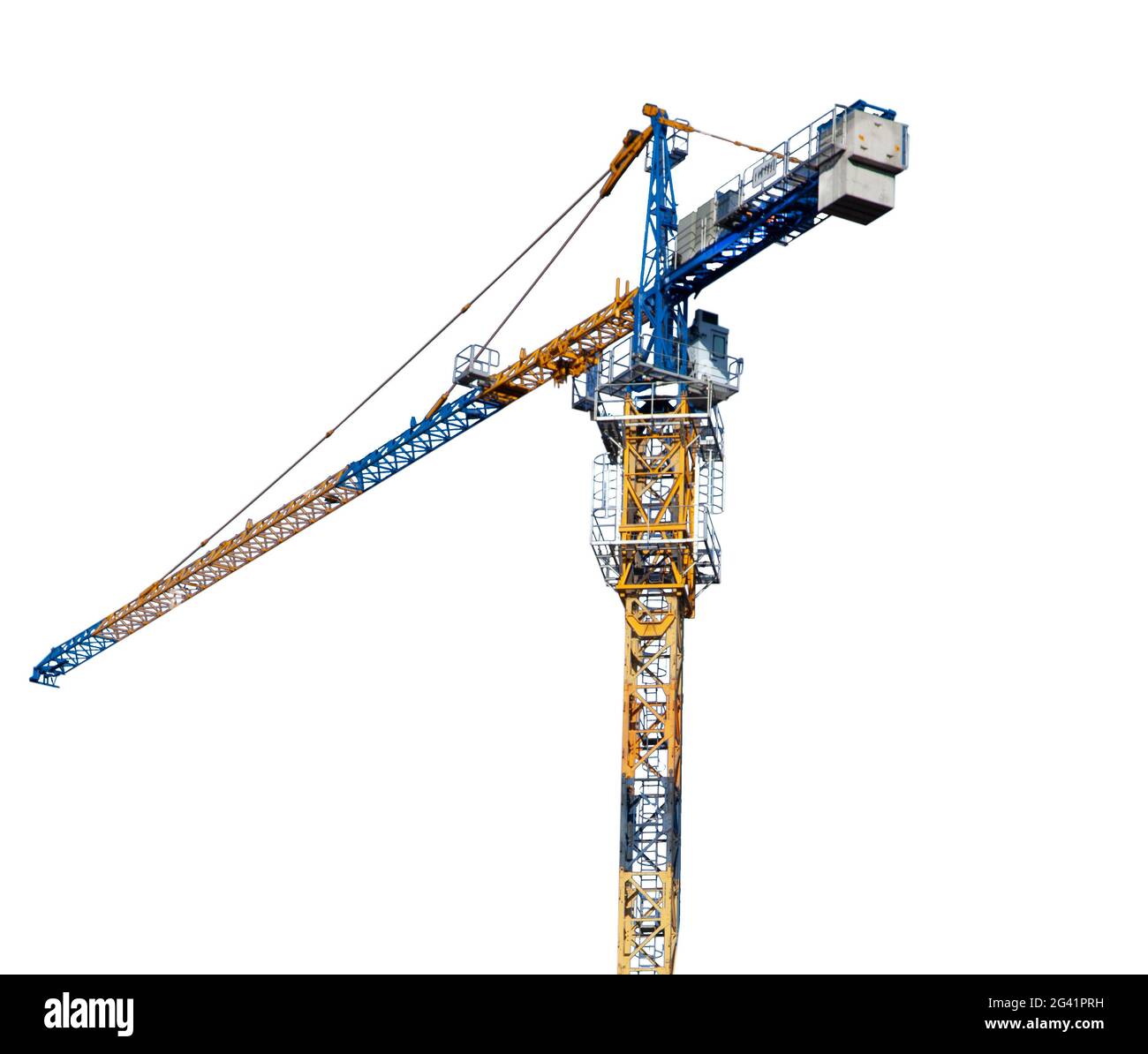 Hoisting crane isolated on white background. Demountable construction crane for moving heavy loads on a construction site. Stock Photo