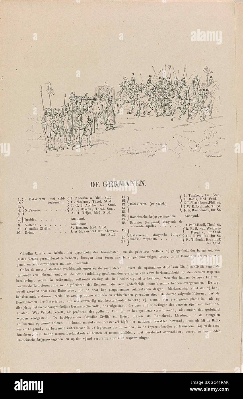 Utrecht masquerade of 1851: Germanen, 70 n. Chr.; The Germans; Sketch, statement and explanation of the masquerade. Procession of a Germanic tribe, in the year 70 AD. With legend 1-21 with the names of the students and underneath a text about the proposed event. Part of the booklet with eight reduced representations of the eight prints in the series of the Masquerade of Utrecht students, June 25, 1851. The Masquerade depicts eight episodes from national history in scenes. Stock Photo