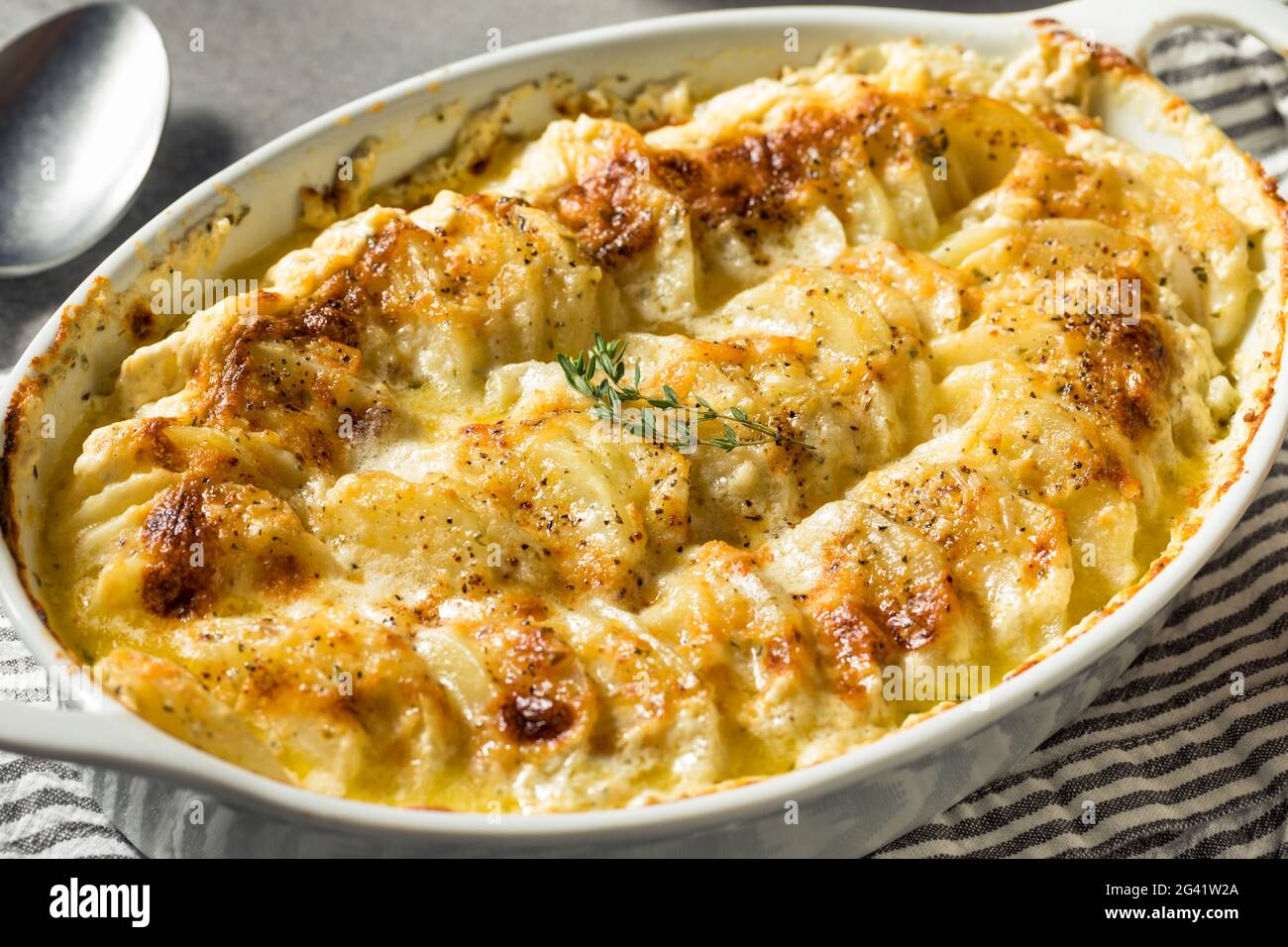 Homemade Creamy Scalloped Potatoes with Cheese and Spices Stock Photo