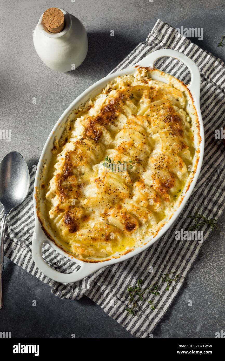 Homemade Creamy Scalloped Potatoes with Cheese and Spices Stock Photo