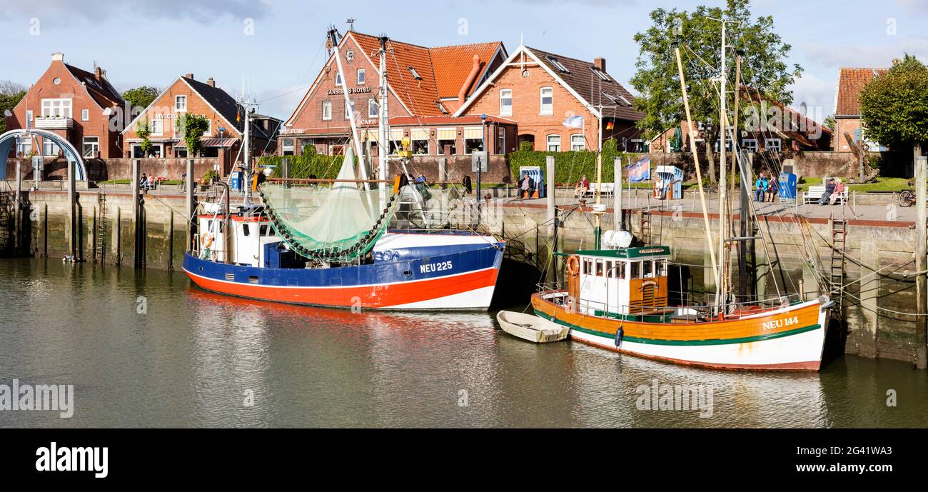 Harbor and shrimp cutters, boats, panorama, Neuharlingersiel, East Frisia, Lower Saxony, Germany Stock Photo