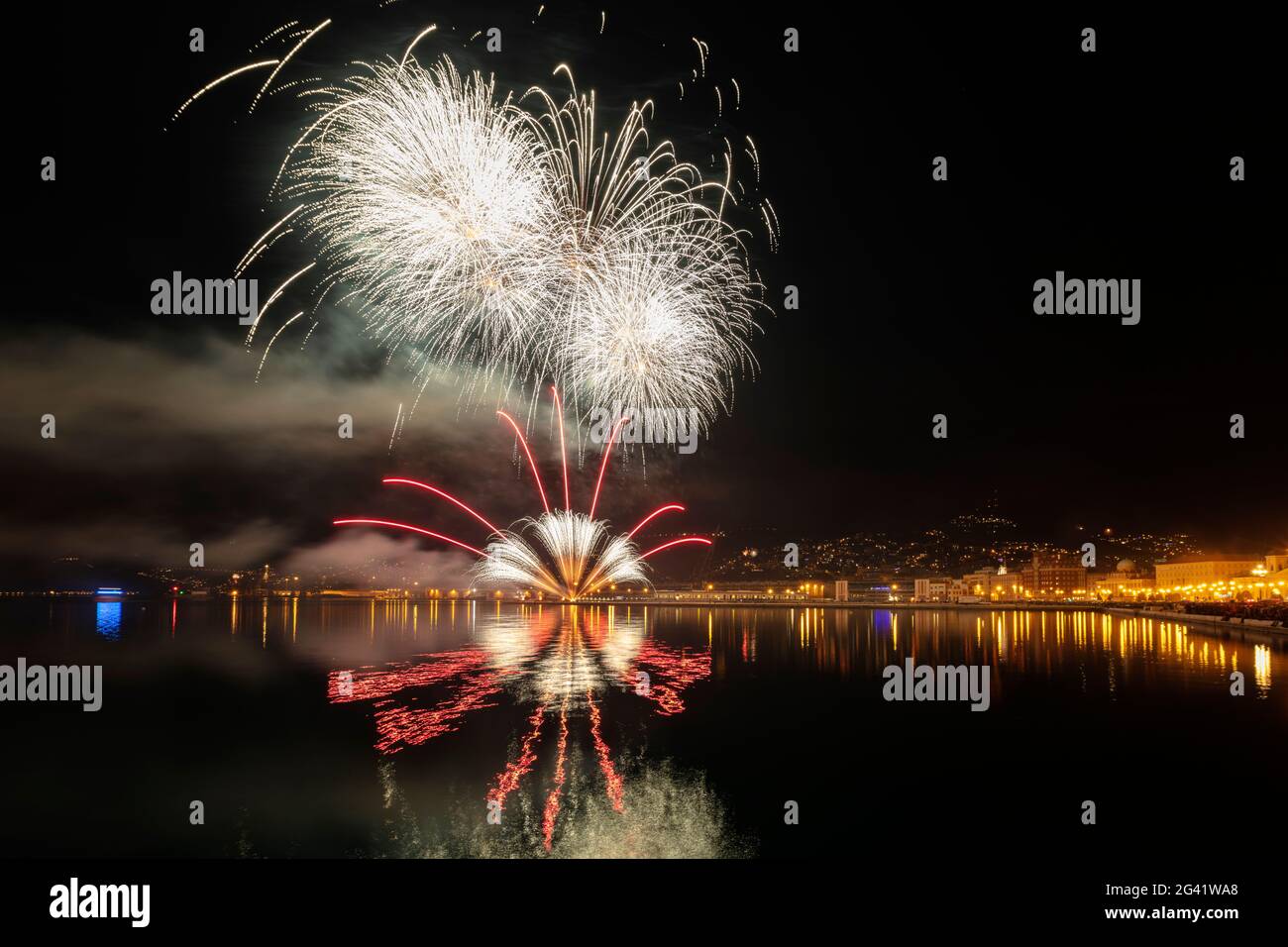 Fireworks in the old harbor, Sylvester, Trieste, Friuli-Venezia Giulia, Italy Stock Photo