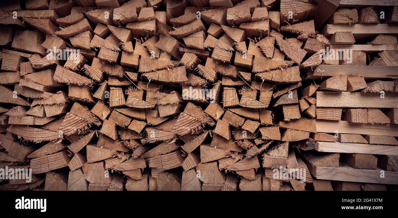 Wood pile background texture. Horizontal banner Stock Photo