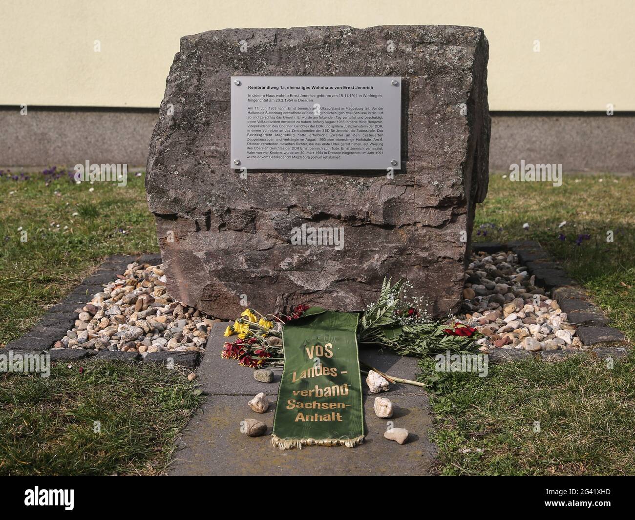 Memorial stone for the victims of the dictatorship in the GDR Ernst Jennrich in Magdeburg-Northwest Stock Photo
