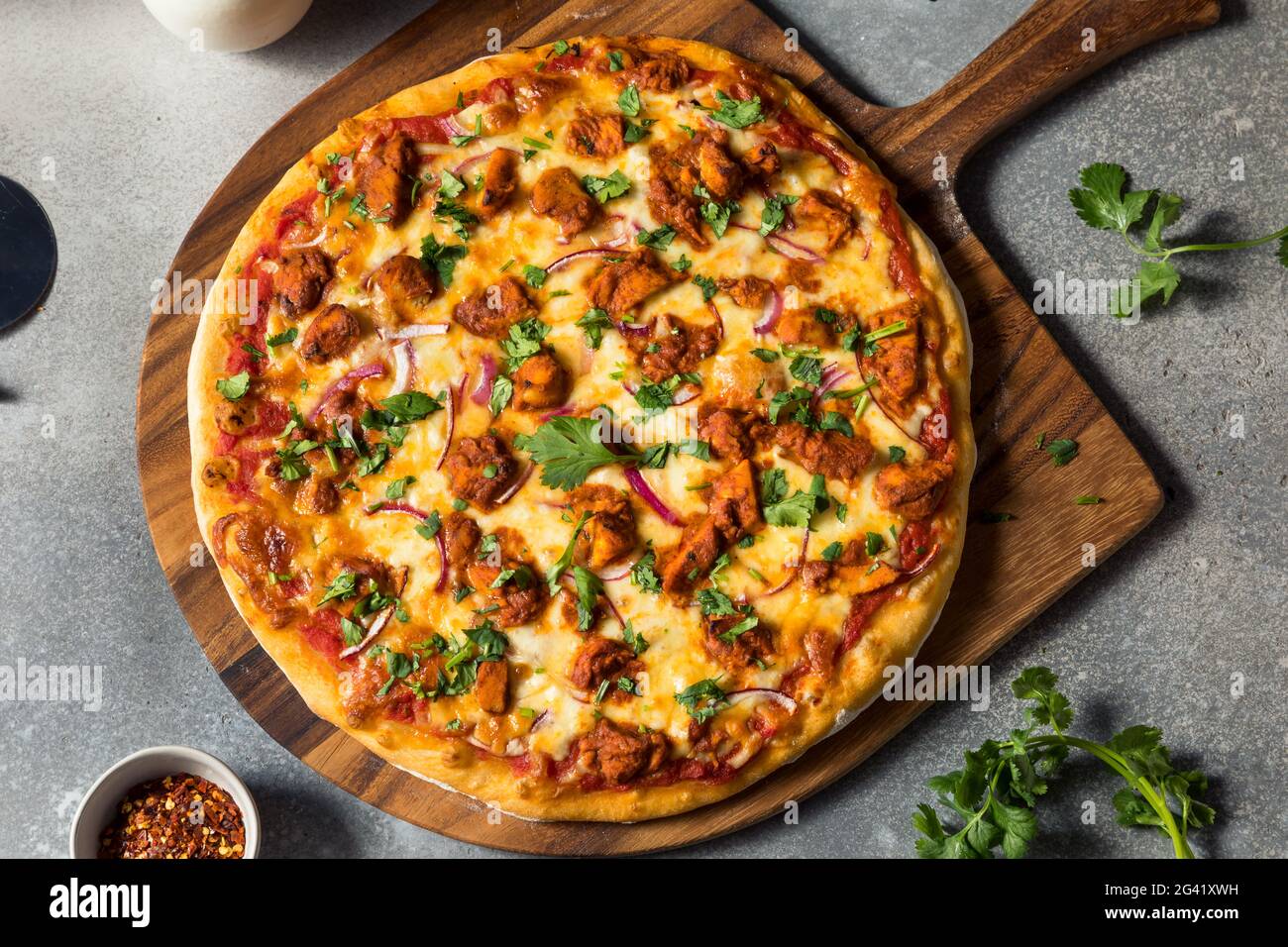 Homemade Indian Chicken Tikka Masala PIzza with Onions and Cilantro
