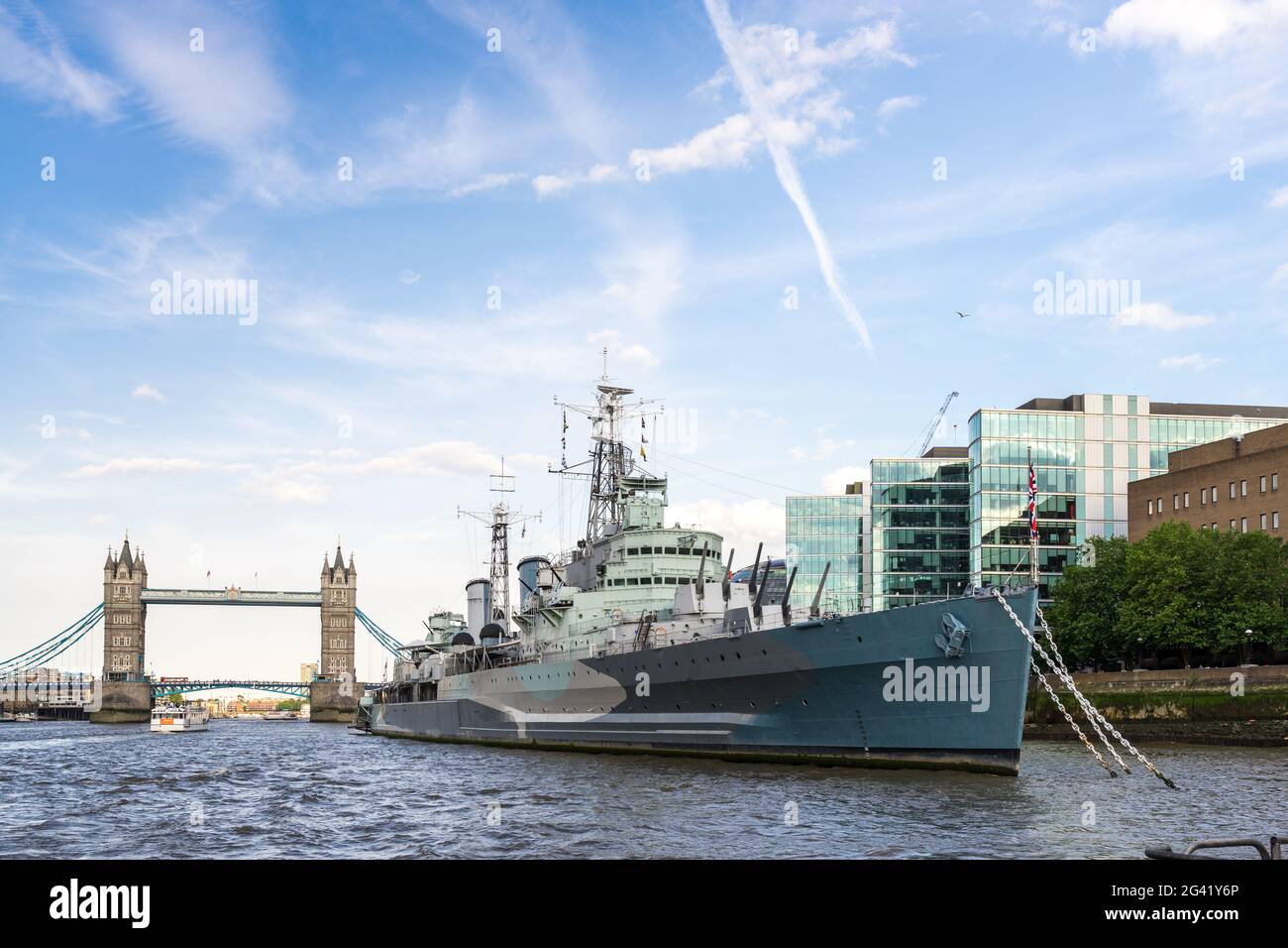 View of Tower Bridge and HMS Belfast from the River Thames Stock Photo
