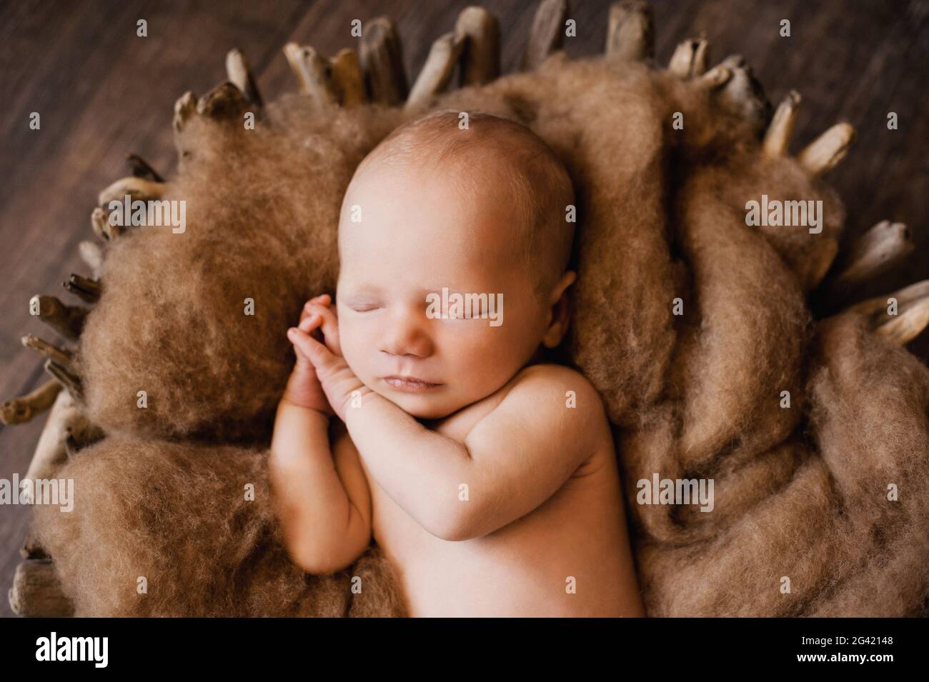 An infant sleeping with her hands under her cheeks at a newborn photoshoot Stock Photo