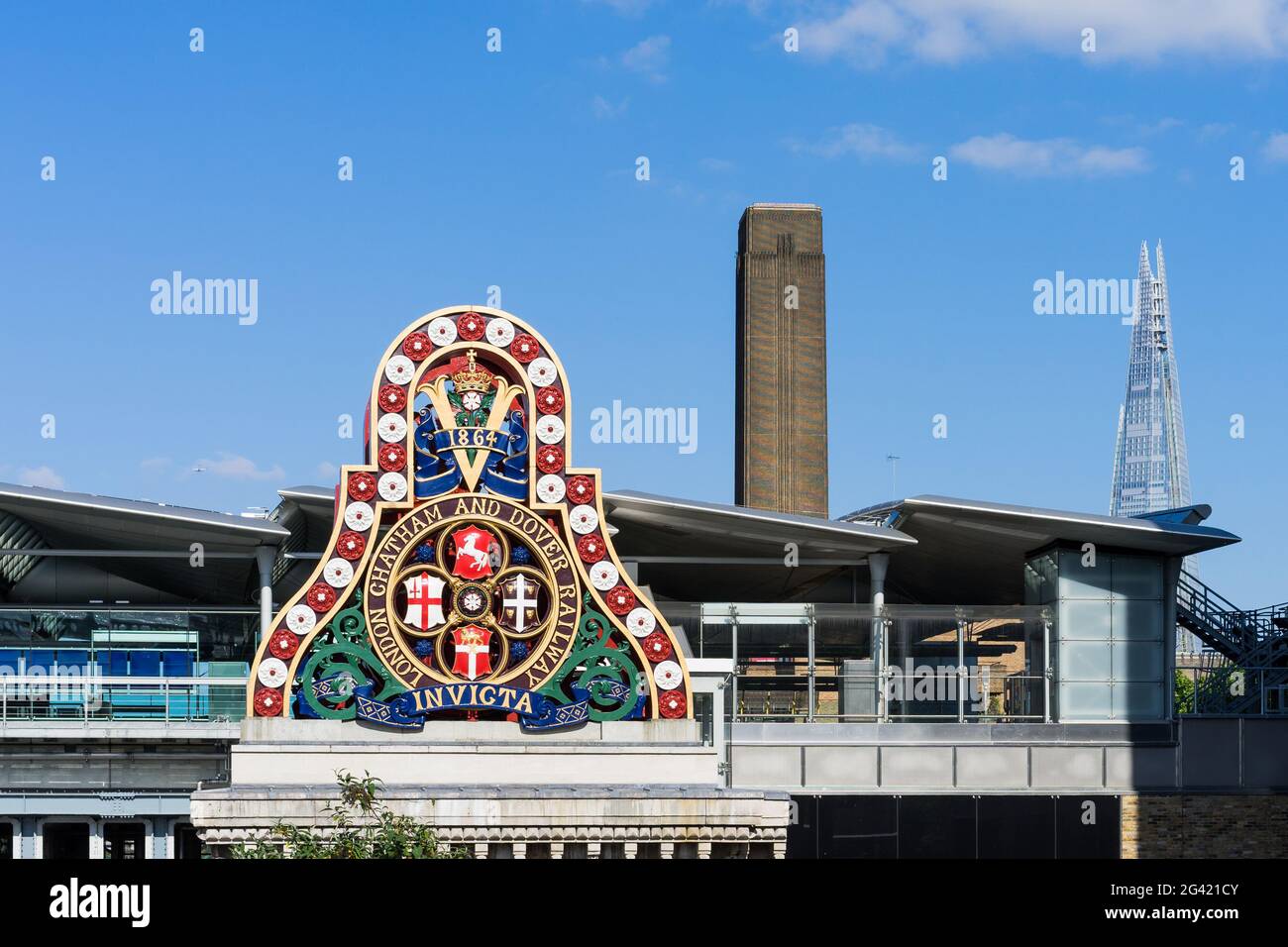 Modern buildings and an old railway company sign on the Southbank in London Stock Photo