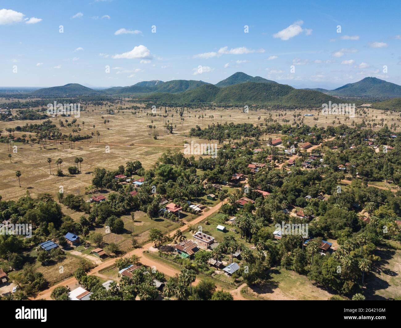 Aerial view of village with mountains behind, Andong Russei, Kampong Chhnang, Cambodia, Asia Stock Photo