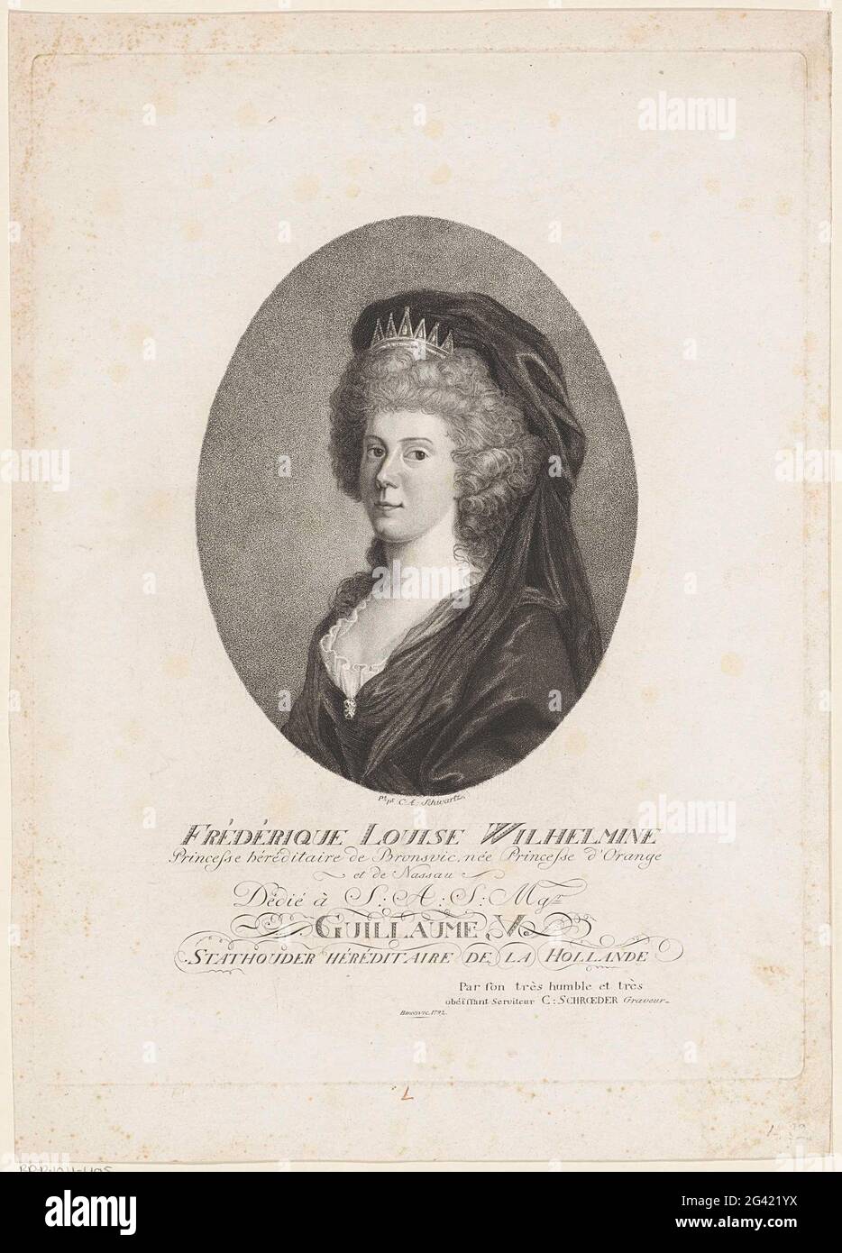 Portrait of Louise, Princess of Orange-Nassau. Portrait of louise in an oval. In the undermaster her name and titles. Stock Photo