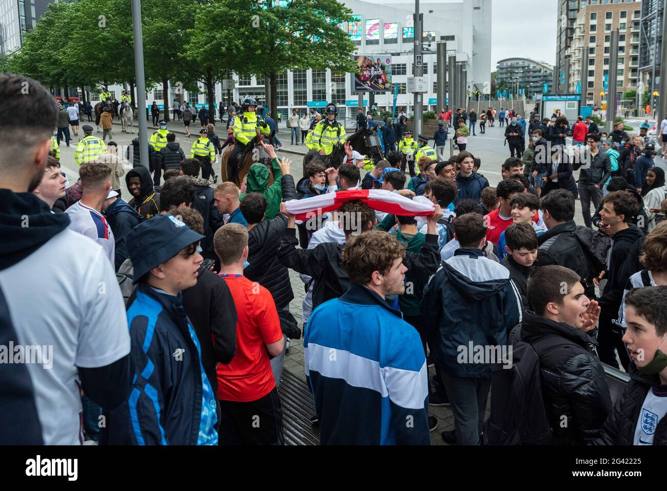 London Uk 18 June 21 Police Monitor England Football Fans Arriving For The Euro Group D Match Between England And Scotland Match At Wembley Stadium The Tournament Was Postponed From