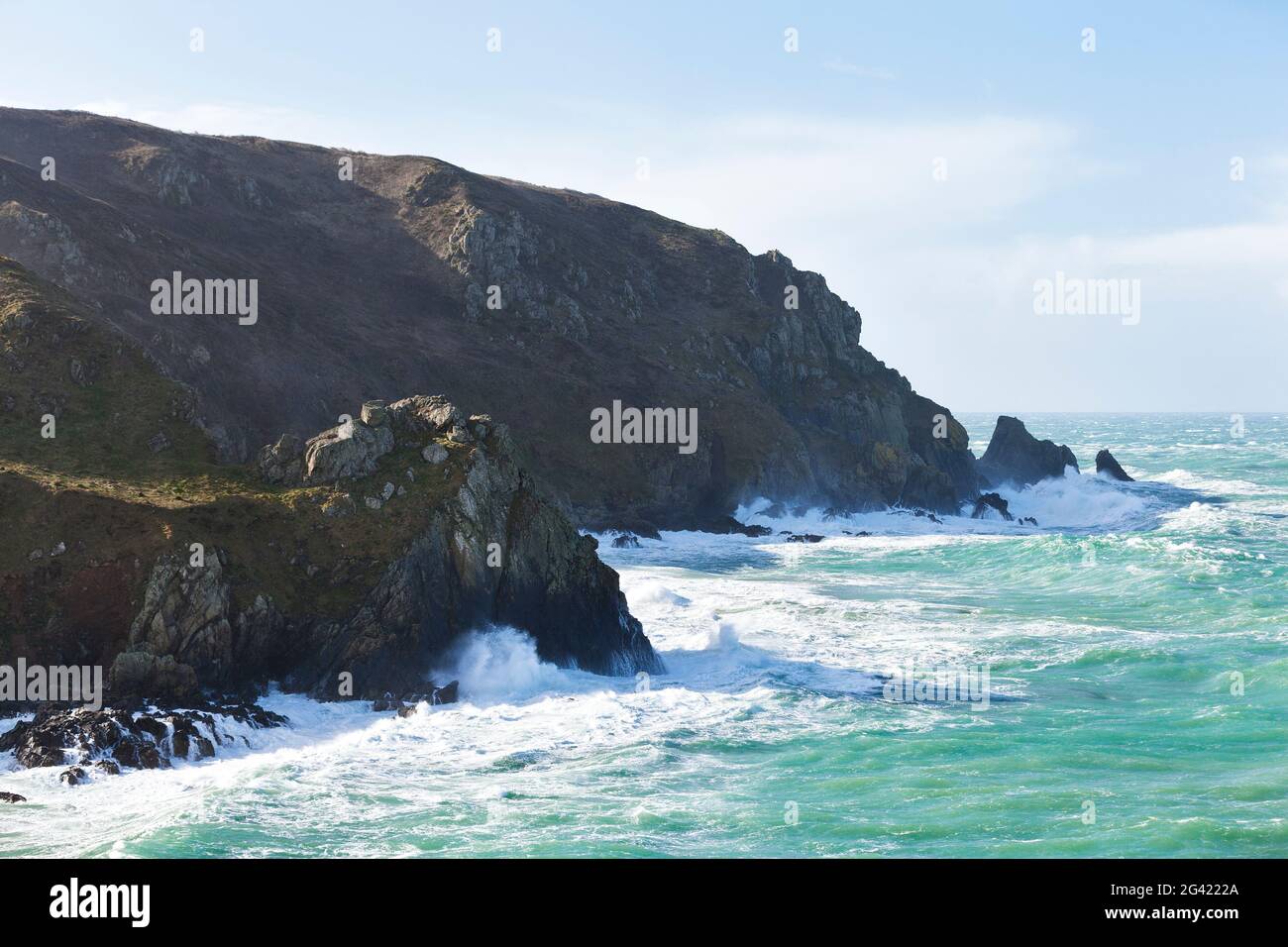 The bay of Baie d´Ecalgrain on the Cap de l´Hague in a storm, Cotentin peninsula, Normandy. Stock Photo