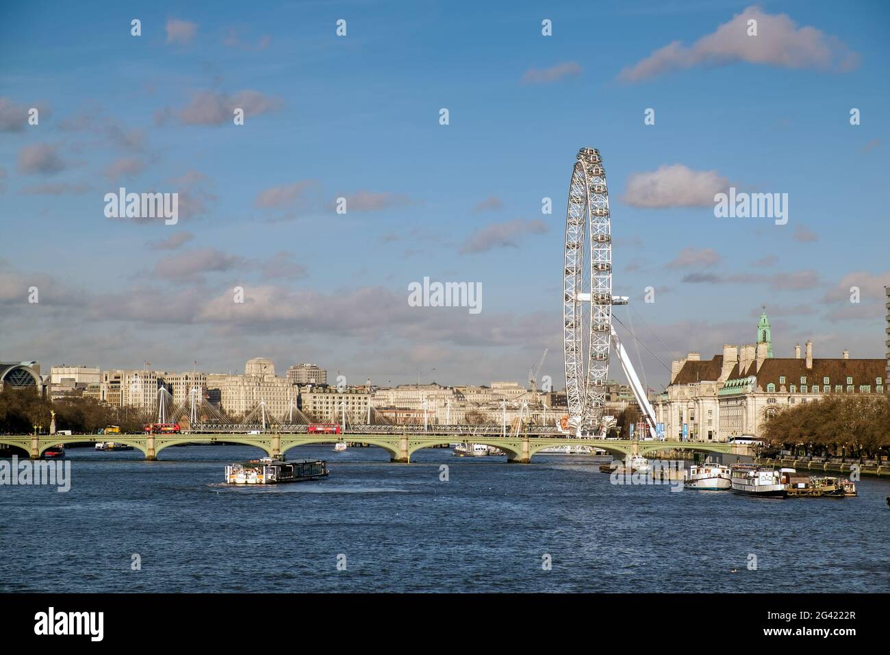 View along the River Thames to the London Eye Stock Photo