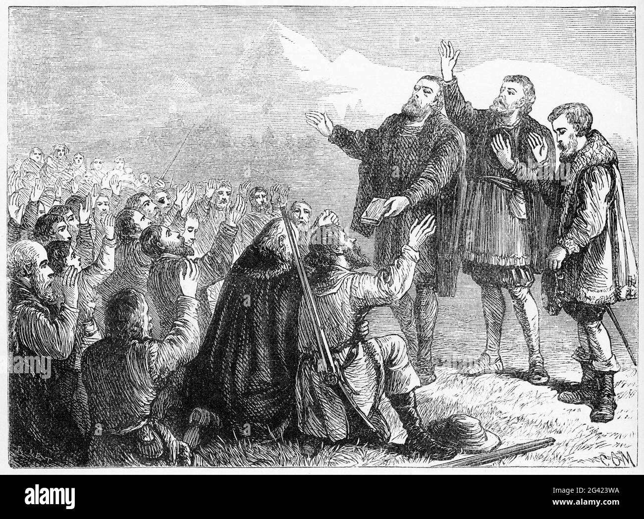 Engraving of the Vaudois taking an oath of alliance with other Protestants in 1561 after the Waldenses had forsaken their ancient beliefs to adopt Protestant doctrines. Stock Photo