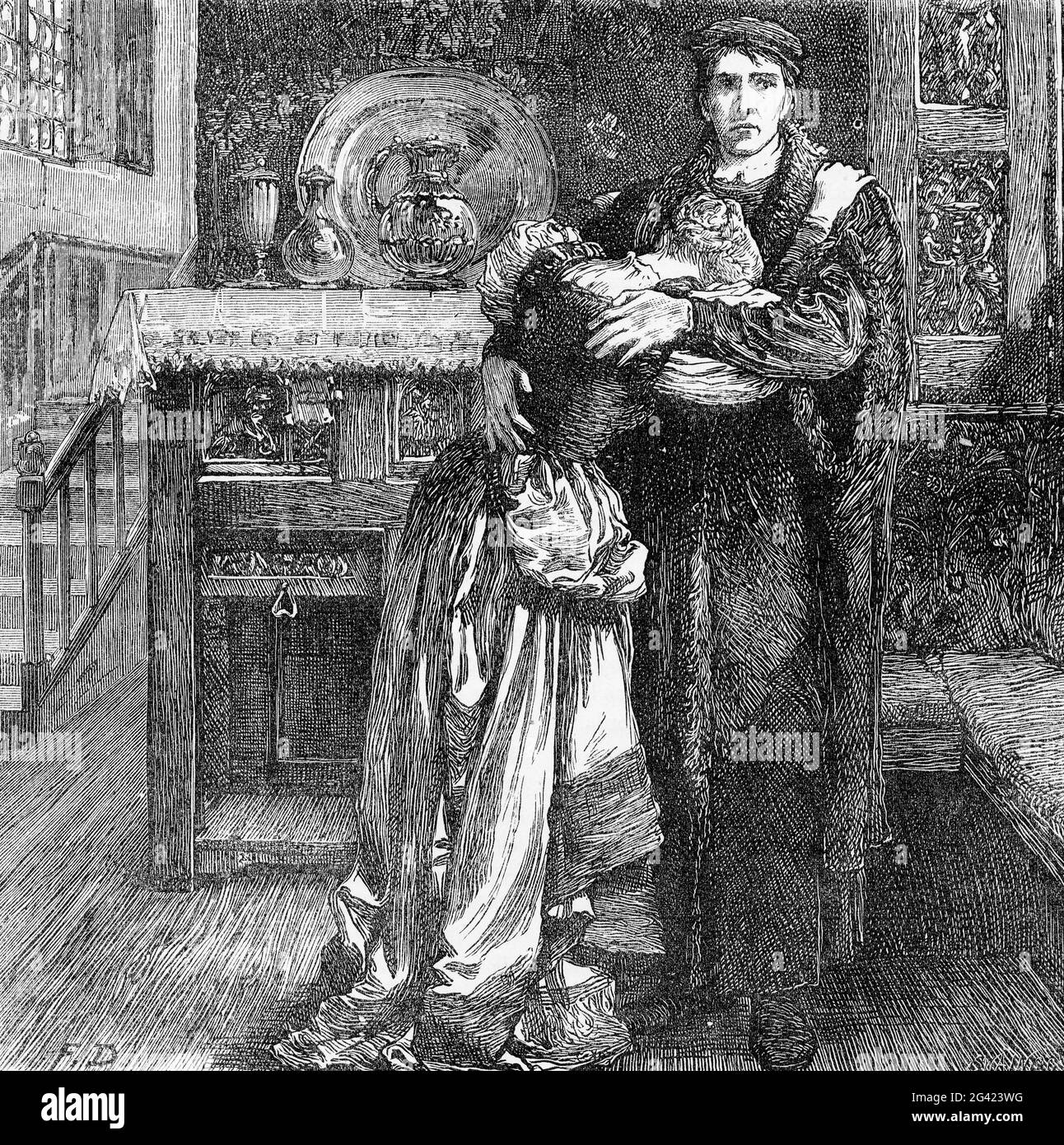 Engraving of a young woman in tears as her betrothed prepares to depart, circa 1550, from a publication dated 1878 Stock Photo