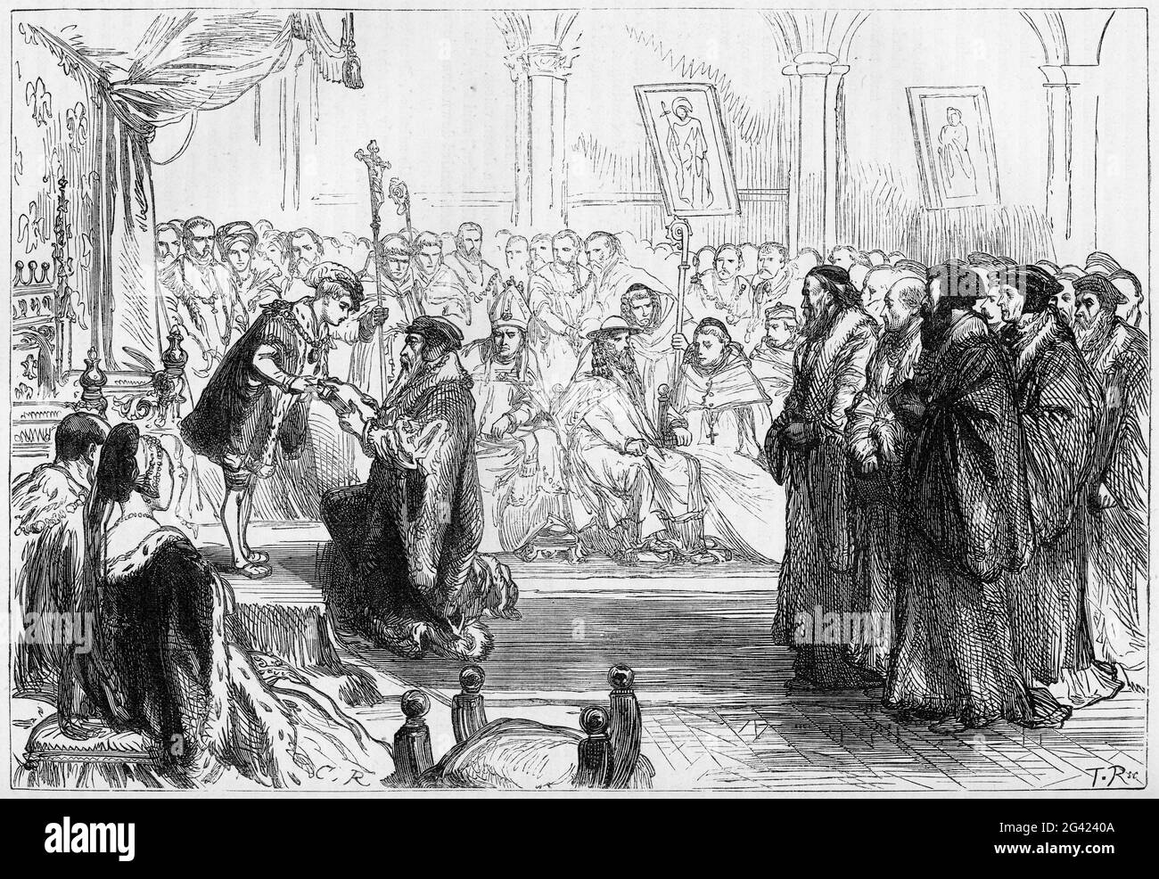 Engraving of Theodore Beza presenting the confession of the French Protestant Church to the King at the Colloquy of Poissy in 1561 to effect a reconciliation between the Catholics and Protestants (Huguenots) of France. Stock Photo