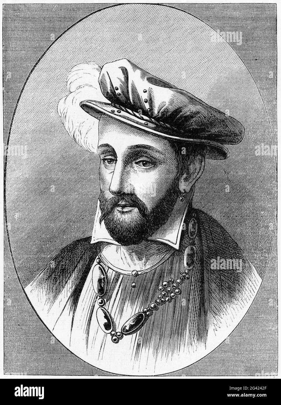 Engraving of Henry II (1519 – 1559) King of France from 31 March 1547 until his death in 1559. The second son of Francis I, he became Dauphin of France upon the death of his elder brother Francis III, Duke of Brittany, in 1536. Stock Photo