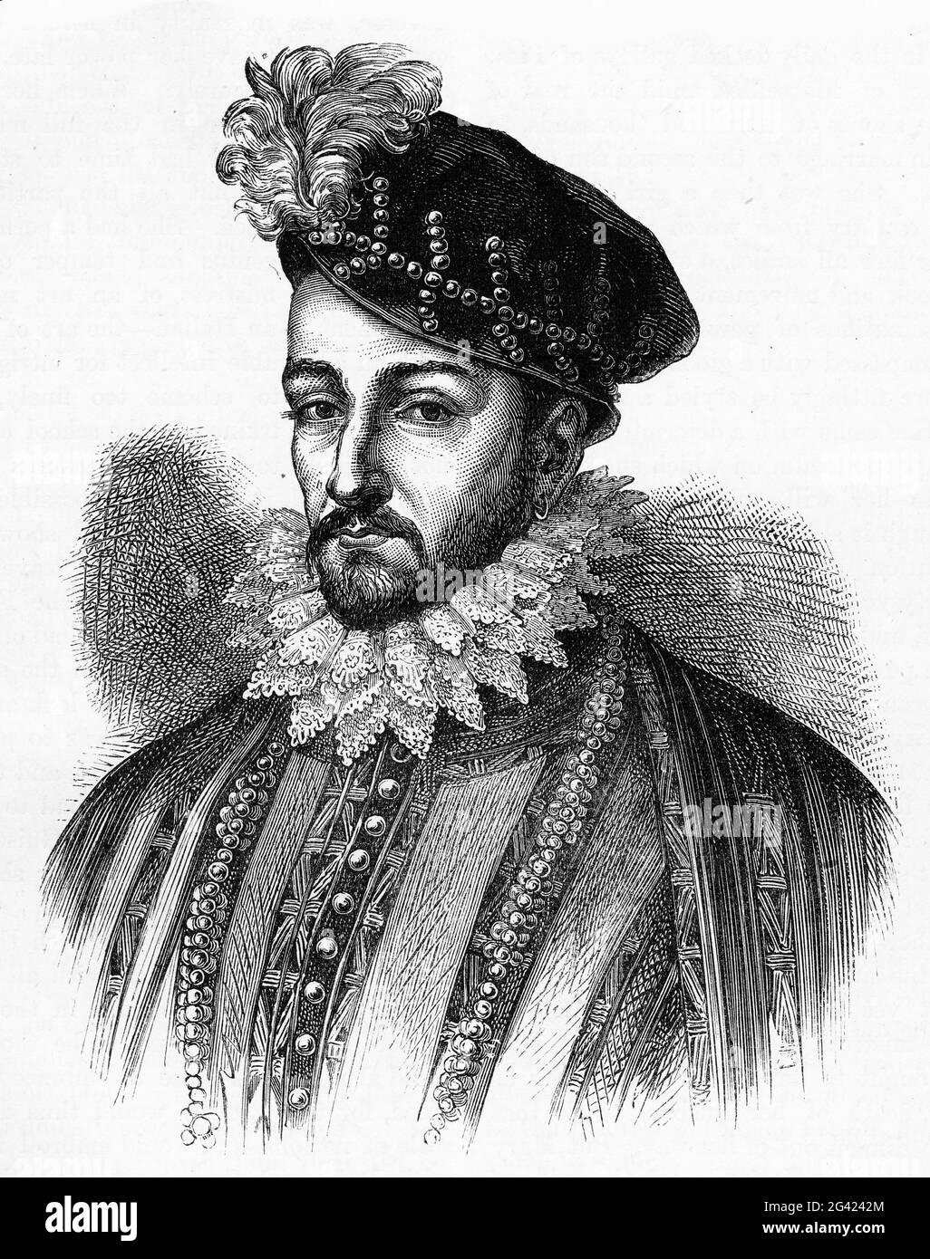 Engraving of Charles IX (Charles Maximilien; 1550 – 1574) King of France from 1560 until his death in 1574 from tuberculosis. He ascended the throne of France upon the death of his brother Francis II in 1560. Stock Photo
