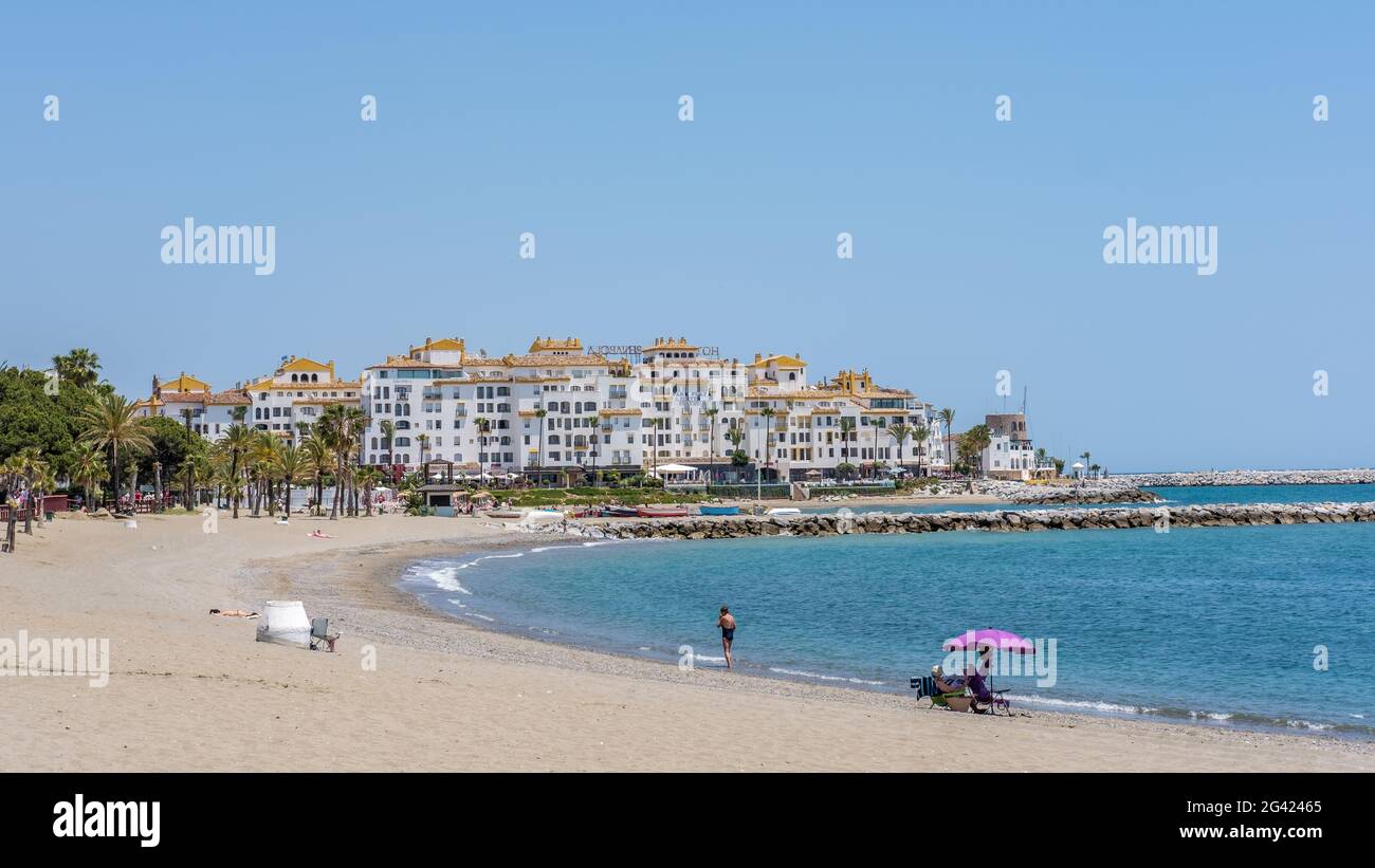 Sandy Beach In Resort Town Of Puerto Banus (near Marbella) On Scenic Costa  Del Sol, Andalusia, Spain. Stock Photo, Picture and Royalty Free Image.  Image 14137824.