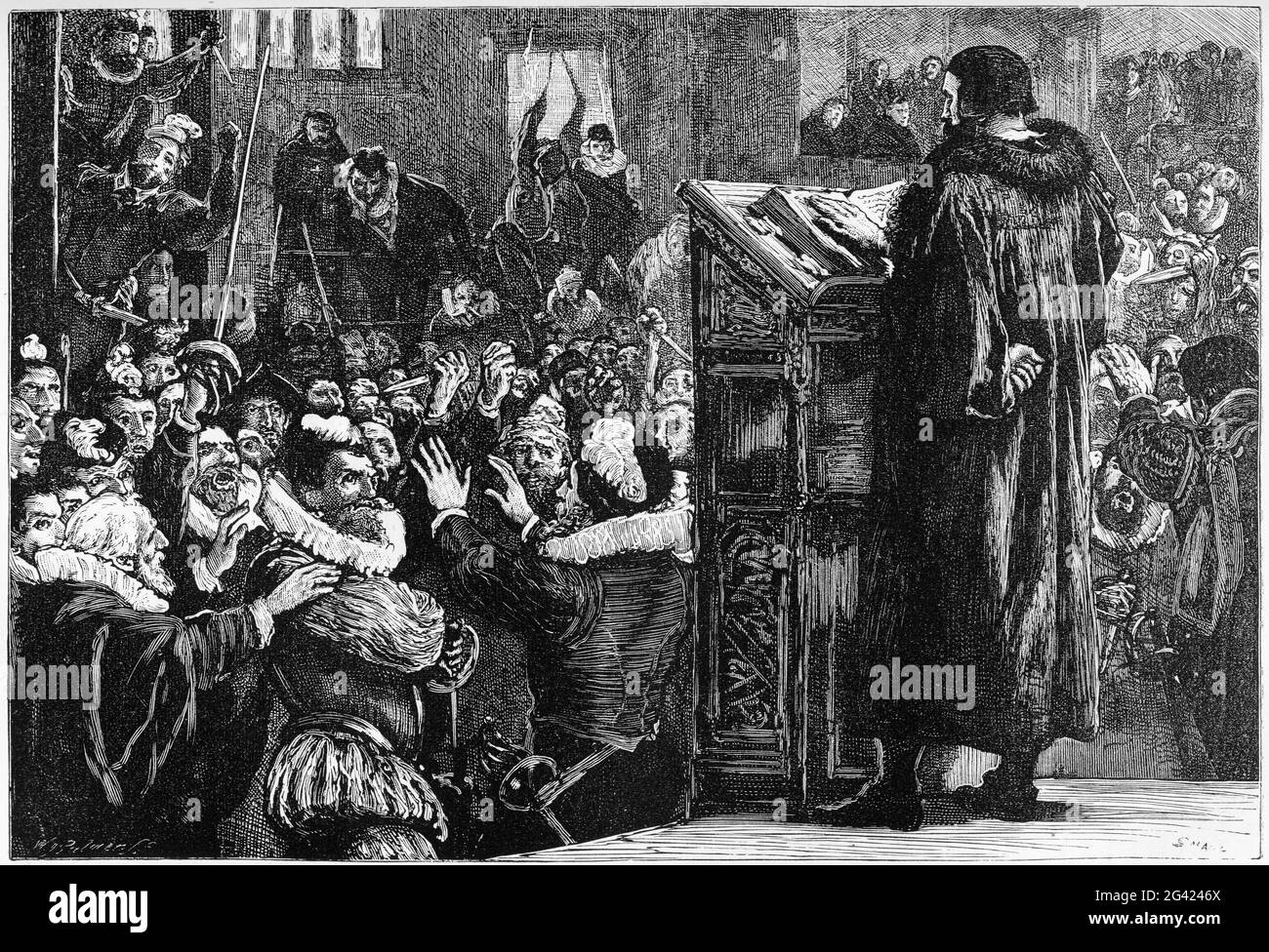 Engraving of Protestant preacher John Calvin being threatened in the Church  of Rive, Geneva. Switzerland Stock Photo - Alamy