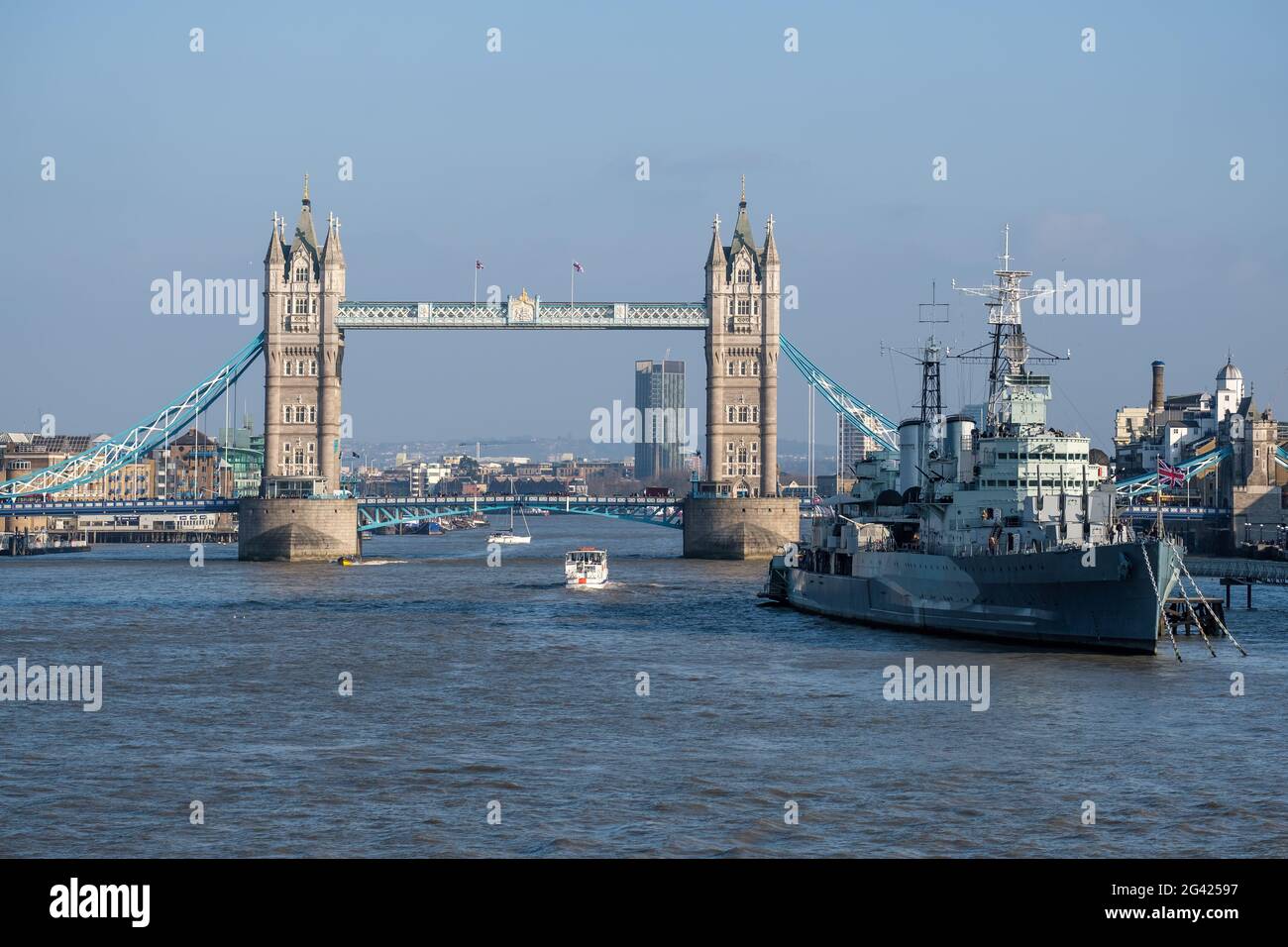 View towards HMS Belfast and Tower Bridge Stock Photo