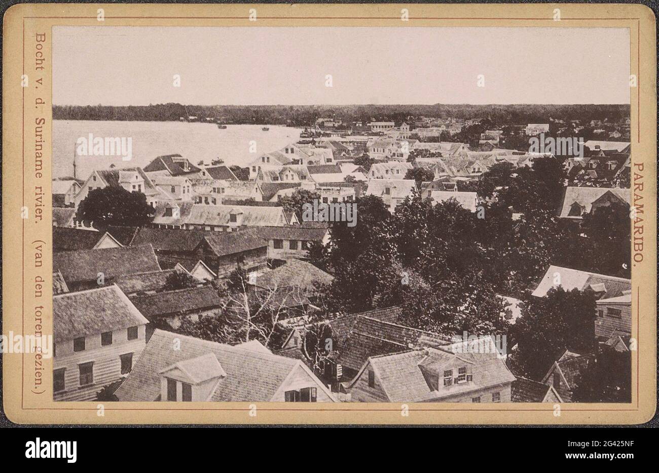 View of a bend in the Surinamer River in Paramaribo from a tower; Paramaribo. Bend v. D. Suriname river. (Van Den Toren). Part of photo album with sights in Paramaribo. Stock Photo