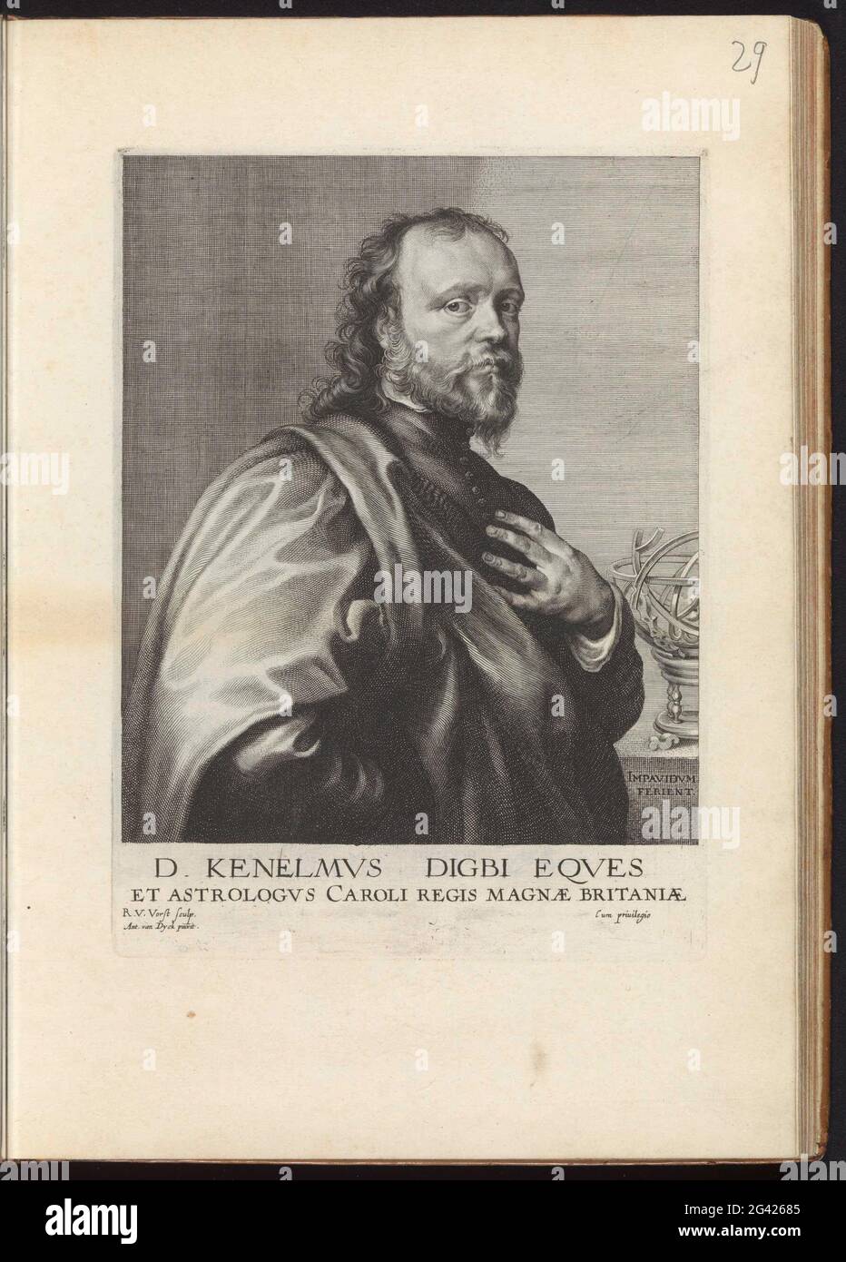 Portrait of kenelm digby; ICONES Principum Vivorum Doctor Pictation Chalcographorum Statuario NEC Non Amatorum Pictaniae Artis Numero Centum AB Antonio by Dyck Pictory Ad Vivum Expressae Eiusq: Sumptibus Aeri Incisae; Iconographie. Portet of the Sea Officer and Diplomat Kenelm Digby. There is an armillaire on the table, which refers to its interest in astronomy. This print is part of an album. Stock Photo