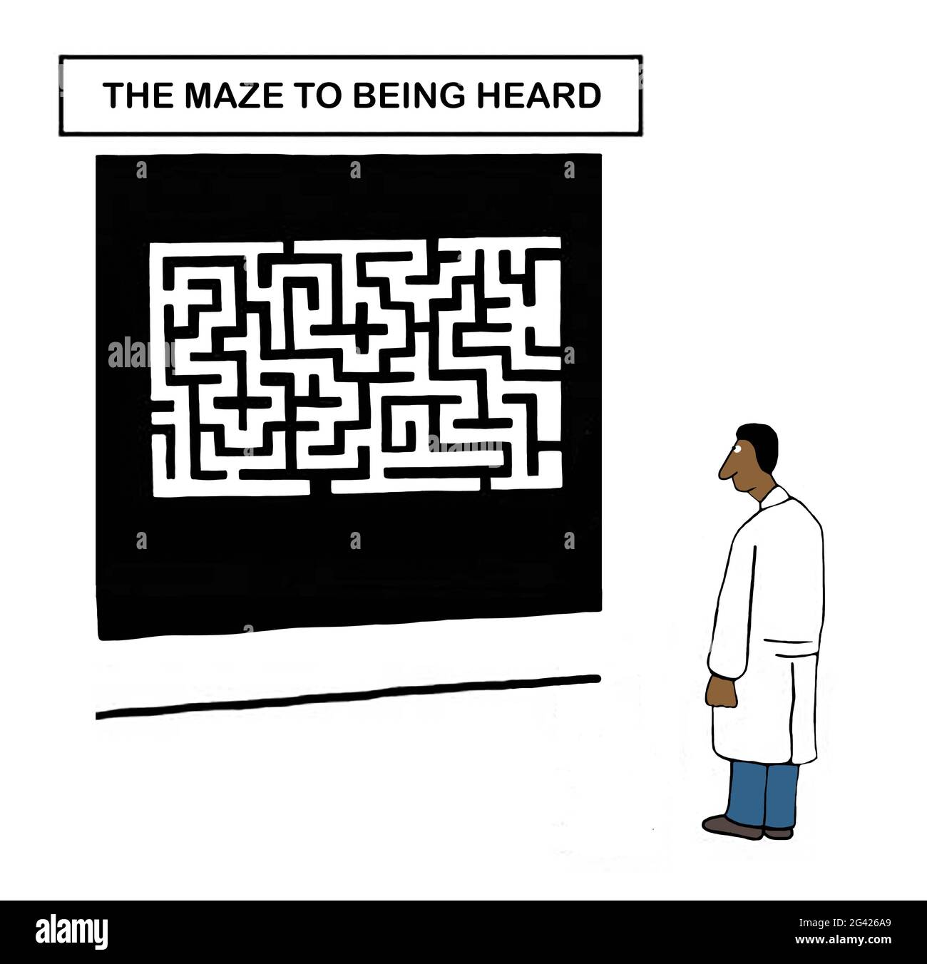 African American scientist must go through maze to have his opinion considered Stock Photo