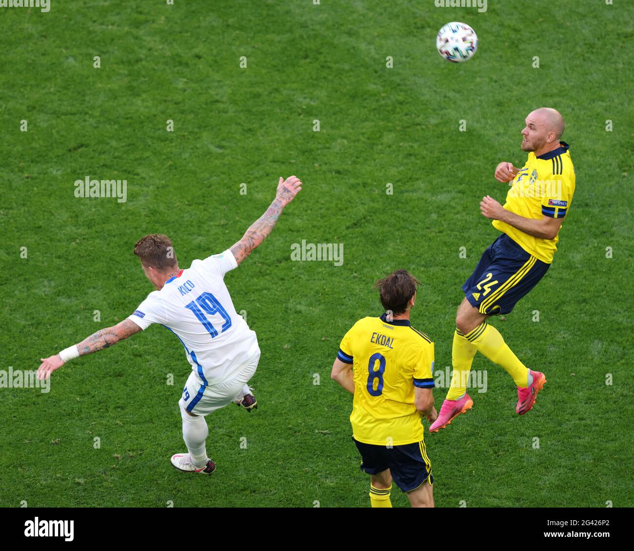 Saint Petersburg Russia 18th June 2021 Ludwig Augustinsson 6 Marcus Danielson 24 Of Sweden And Juraj Kucka 19 Of Slovakia In Action During The European Championship Euro 2020 Between Sweden And Slovakia