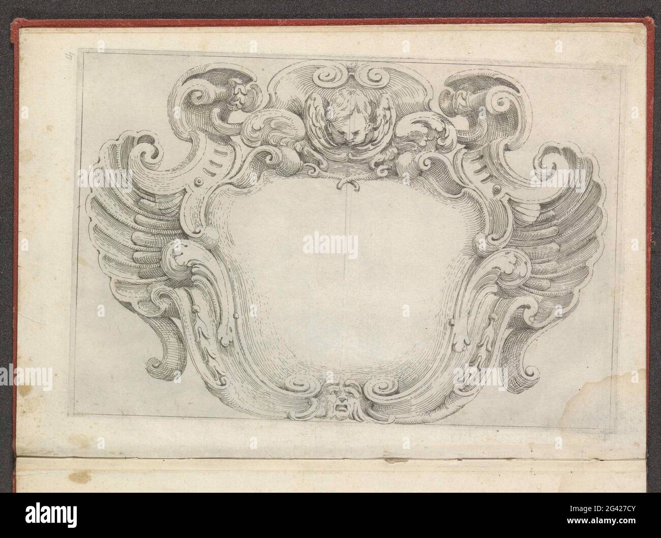 Cartouche with cherub and fantasy cup; Cartouches; Cartouches par mitelli. A cartouche with a cherub in the edge and a fantasy head. The print is part of an album. Stock Photo