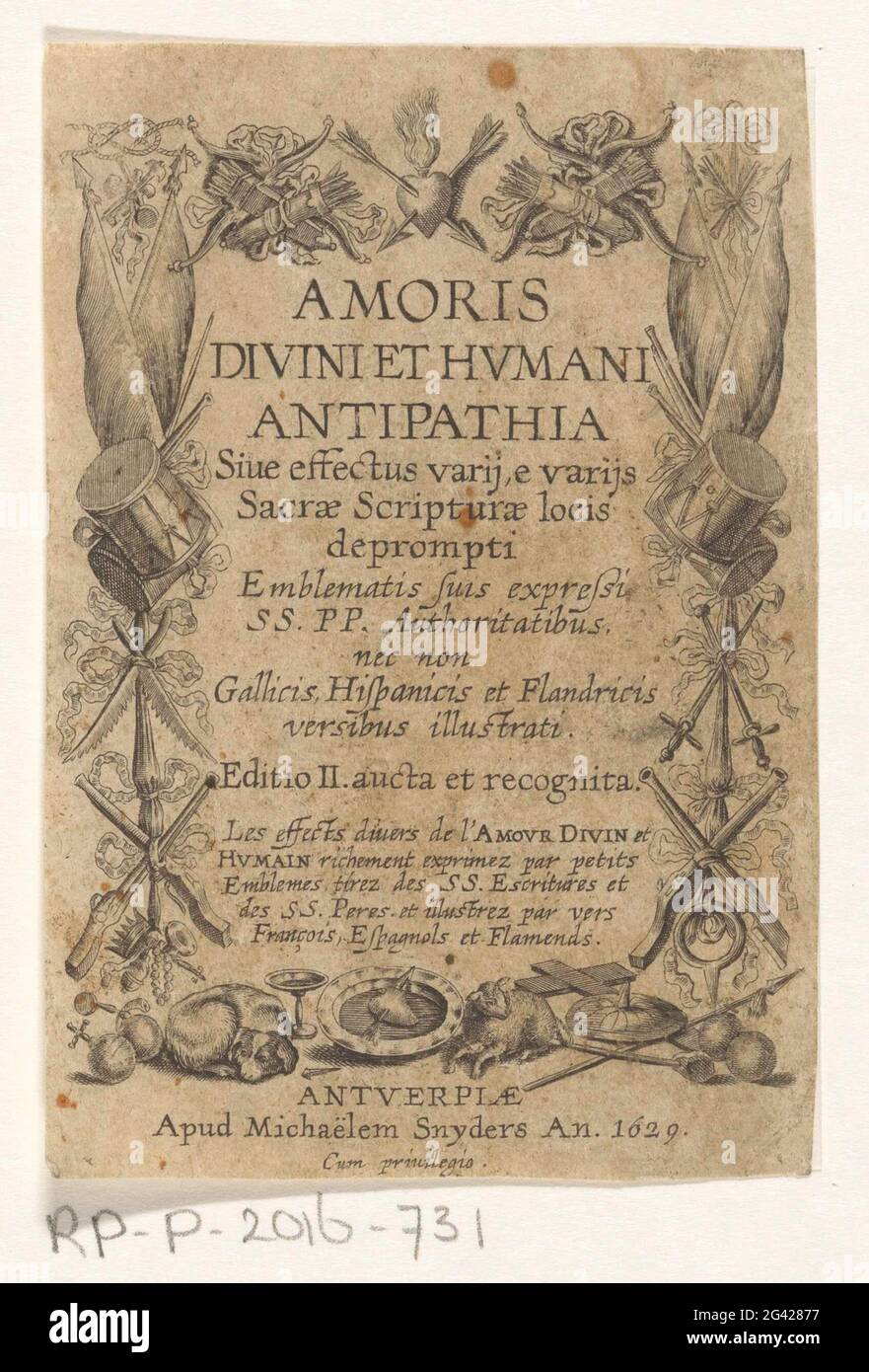 Weapentrophies; Title page for: Ludovicus van Leuven, Amoris Divini et Humani Antipathia, 1629. Front frame of weapentrophies and at the bottom a dog, a lamb and a bowl with a heart with arrow. Stock Photo