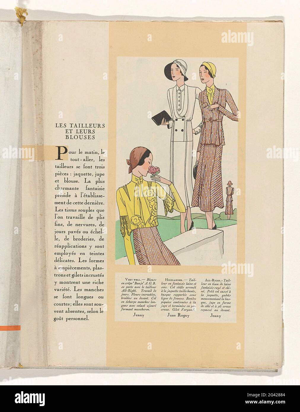 Art - Goût - Beauté, Feuillets de l 'élégance Féminine, MAI 1931, no. 129,  11th Année, p. 13. Text 'lesson tailleurs et leurs blouses' left: blouse of  crepe "banjo" a.g.b., from Jenny.
