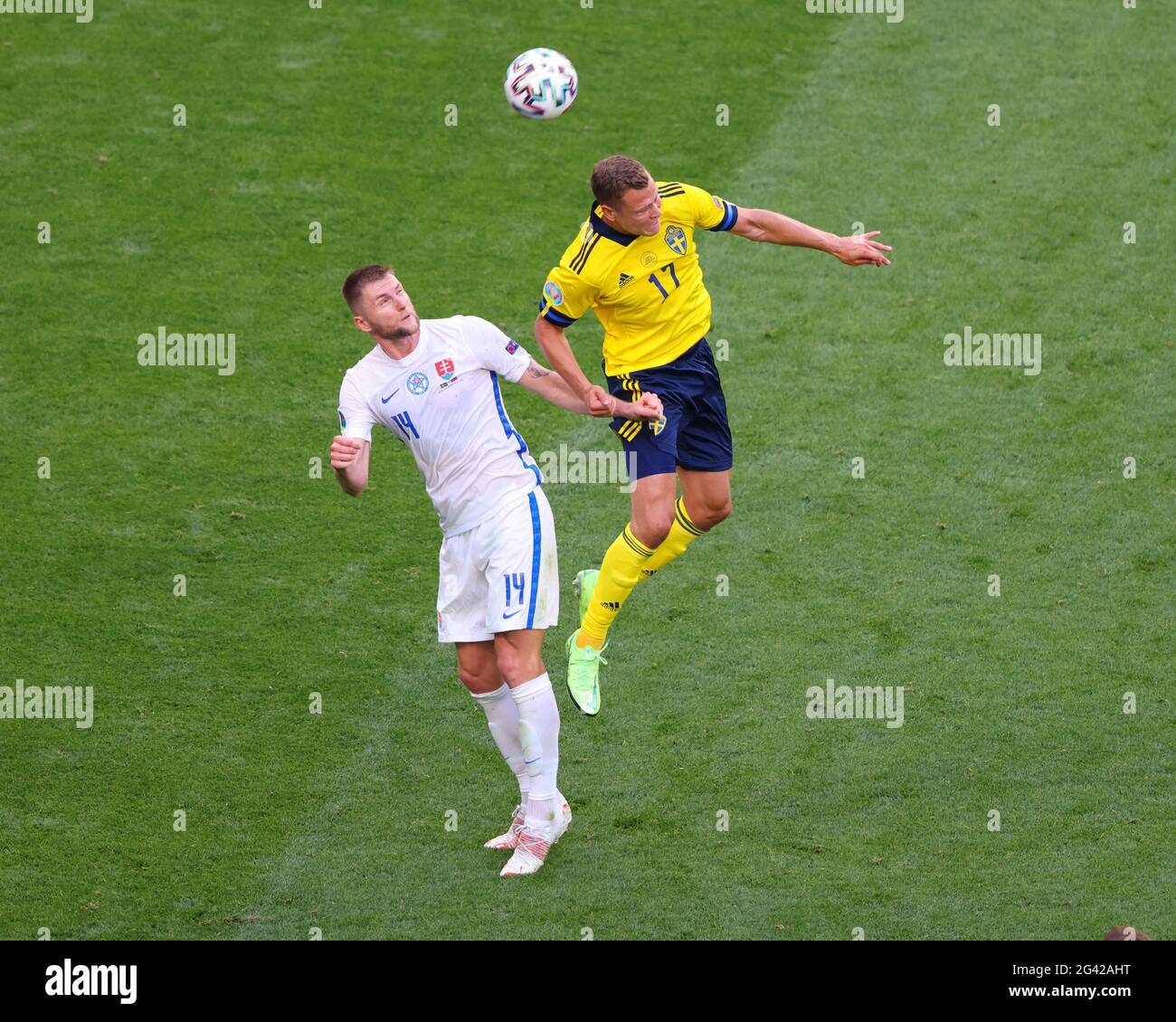 Saint Petersburg, Russia. 18th June, 2021. Viktor Claesson (17) of Sweden and Milan Skriniar (14) of Slovakia in action during the European championship EURO 2020 between Sweden and Slovakia at Gazprom Arena. (Final Score; Sweden 1:0 Slovakia). (Photo by Maksim Konstantinov/SOPA Image/Sipa USA) Credit: Sipa USA/Alamy Live News Stock Photo