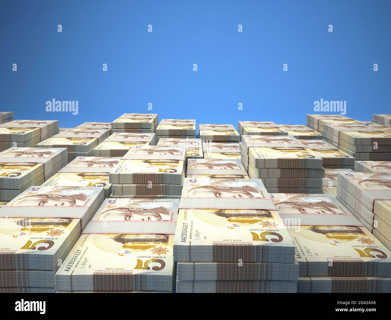 Money of Georgia. Georgian lari bills. GEL banknotes. 5 lari. Business, finance, news background. Stock Photo