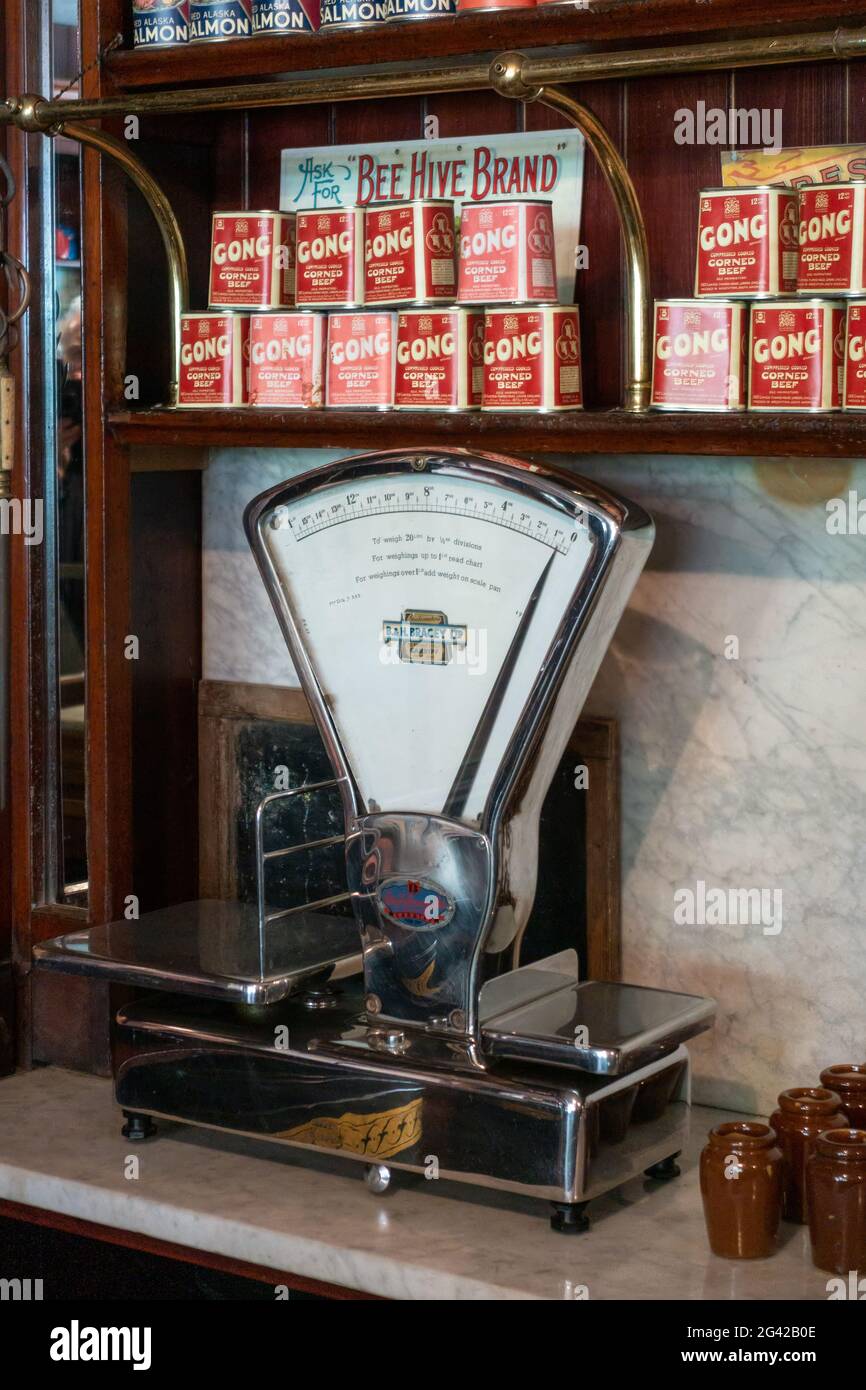 CARDIFF, UK - APRIL 27 : Old Scales in grocery shop at St Fagans National Museum of History in Cardiff on April 27 Stock Photo