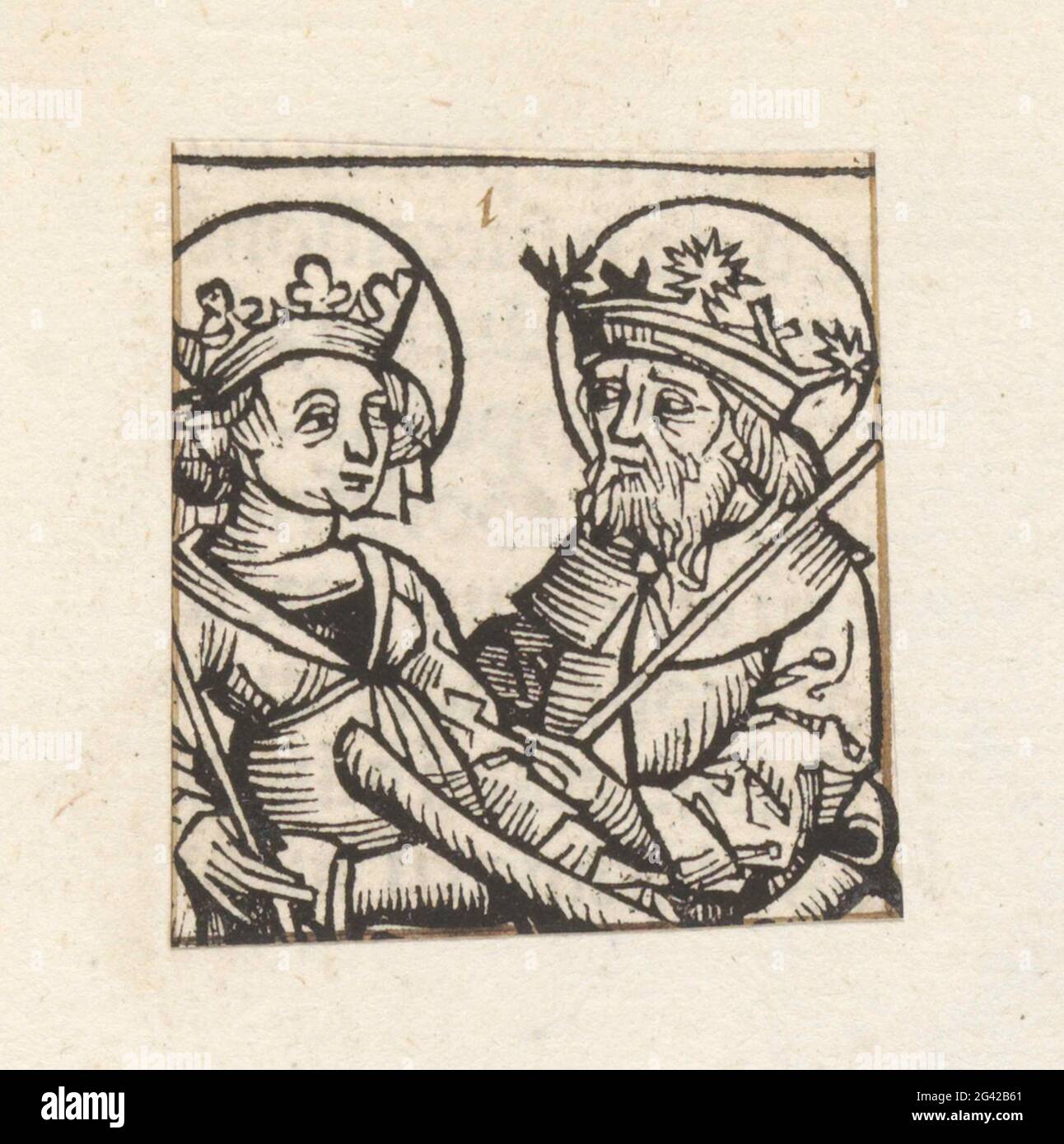 Gisela van Bavaria and Stefanus I of Hungary; Liber chronicarum. A king and queen. The show is part of the family tree of Keizer Hendrik II the Saint in the Liber Chronicarum. The text identifies the couple as Gisela of Bavaria and Stefanus I of Hungary. The print is part of an album. Stock Photo