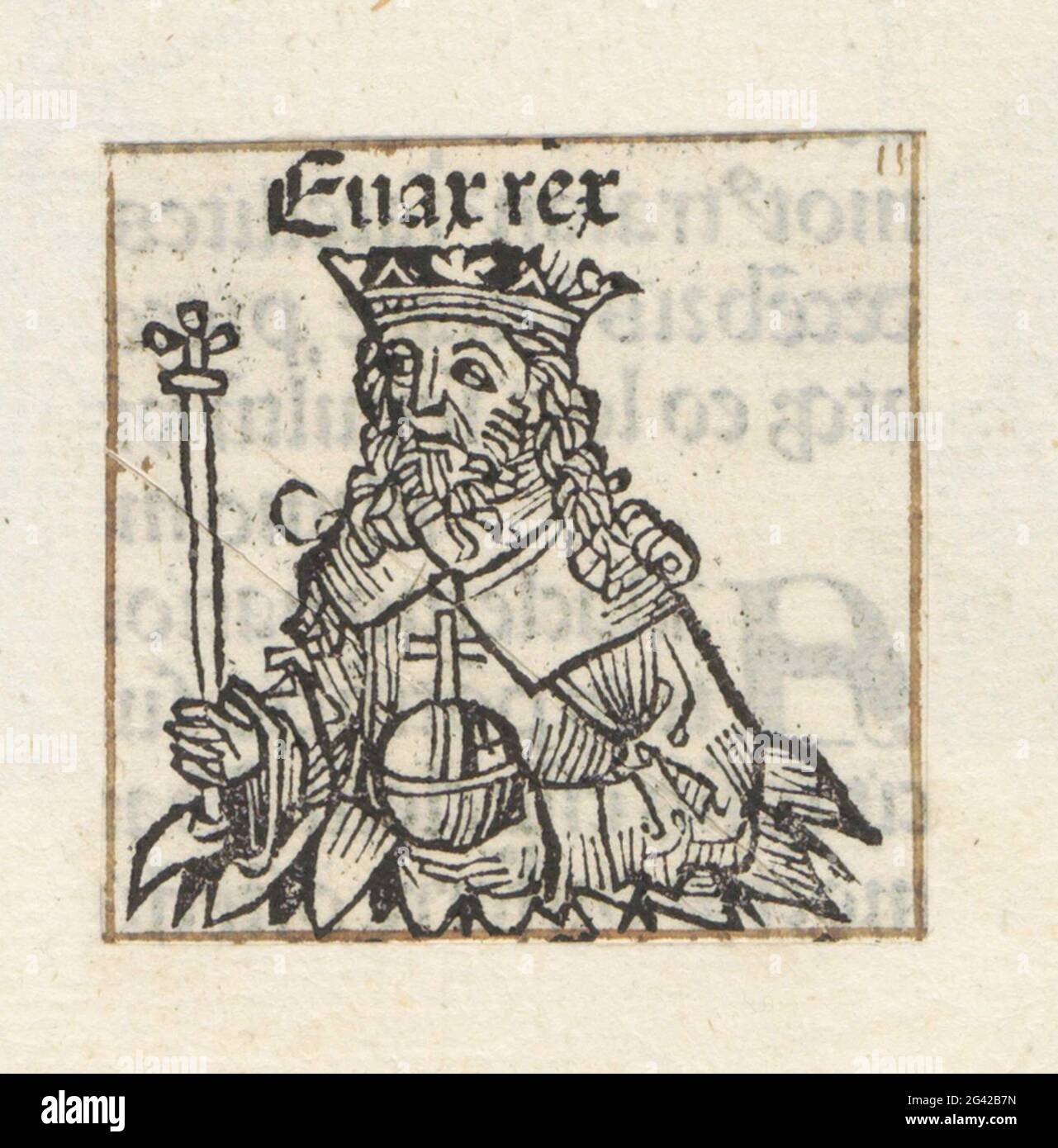 King Evax; Evax Rex; Liber chronicarum. A flower celk with a king. In his  hands he has a scepter and a migration. The text identifies him as a King  Evax, king of