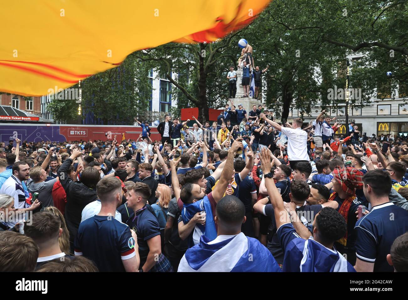Football Fans Seen Gathering At Leicester Square Football Fans Gather Around Central London Prior To The Start Of The Uefa England Vs Scotland Game At Wembley Supporters Are Seen In Various Locations